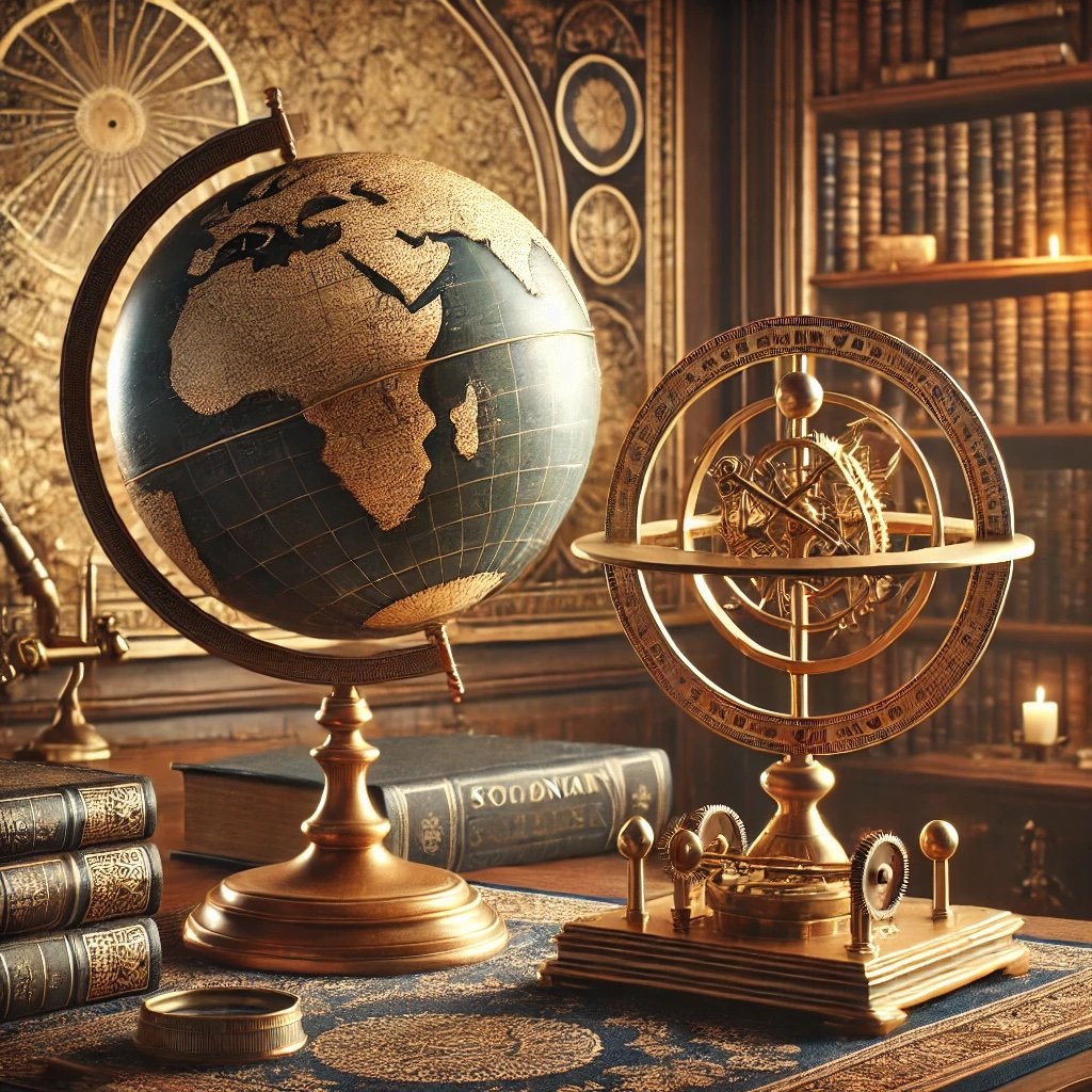 DALL·E 2024-11-13 15.12.15 - Create an image of a sophisticated study room featuring both a classic globe on a wooden stand and an orrery, a mechanical model of the solar system, copy.jpg