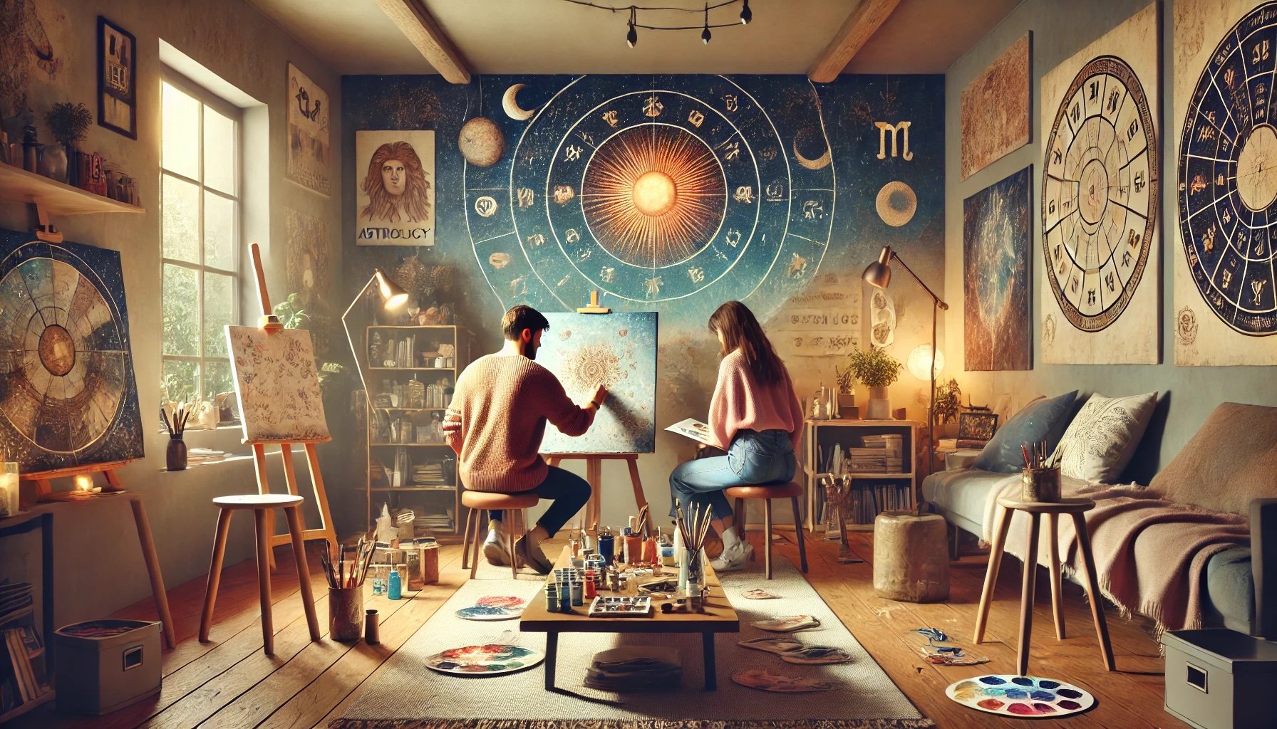 DALL·E 2024-10-23 23.19.55 - A landscape view of an art therapy studio featuring two people working closely together on a canvas, surrounded by astrological elements. The room has.jpg