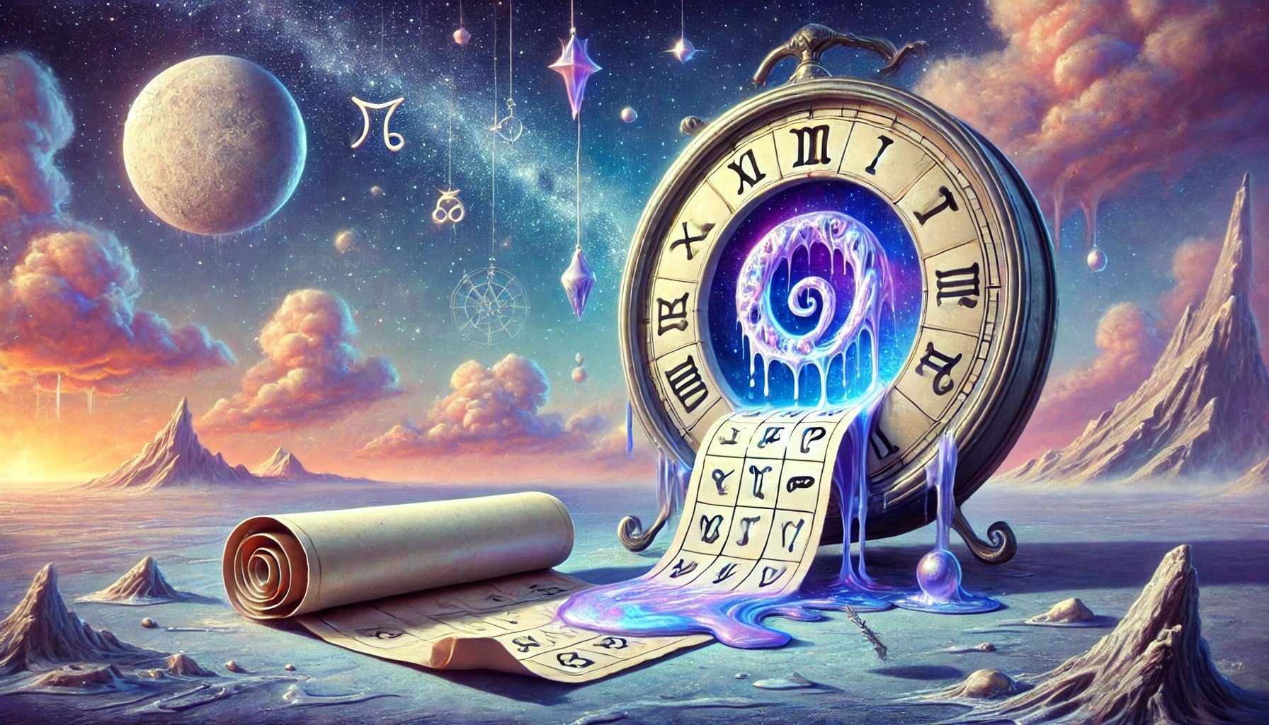 DALL·E 2024-10-22 17.32.21 - A landscape depiction of an astrology service for clients without a known birth time. The image features a cosmic clock placed prominently in the back.jpg