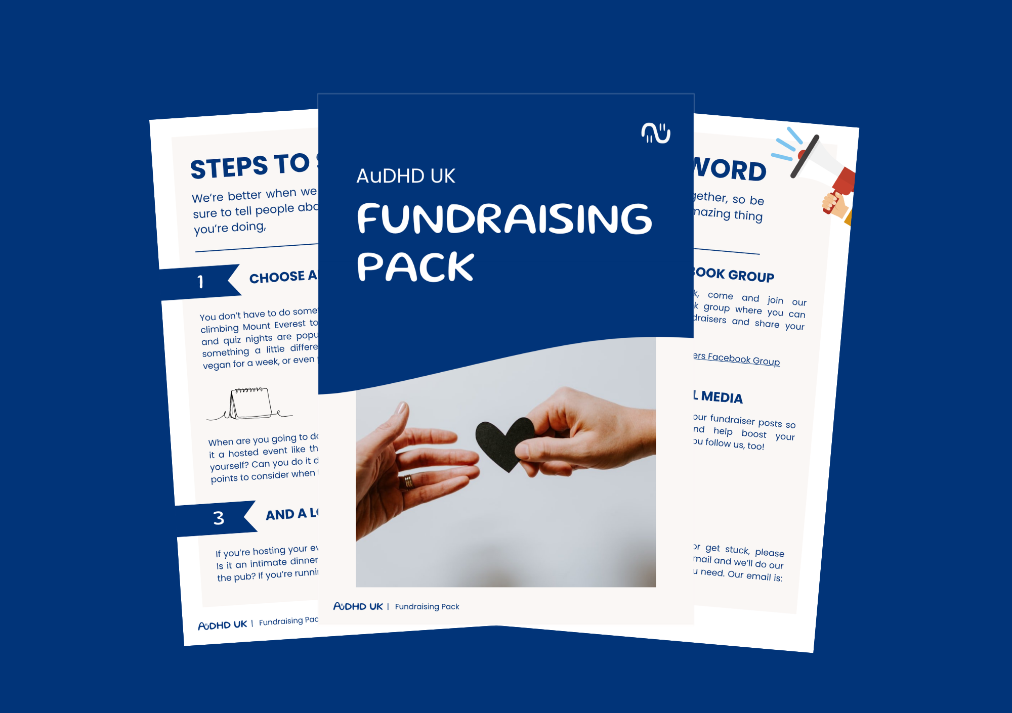 Brochure titled 'AUDHD UK Fundraising Pack' with a hand holding a black paper heart. Includes pages with tips on fundraising and social media promotion.