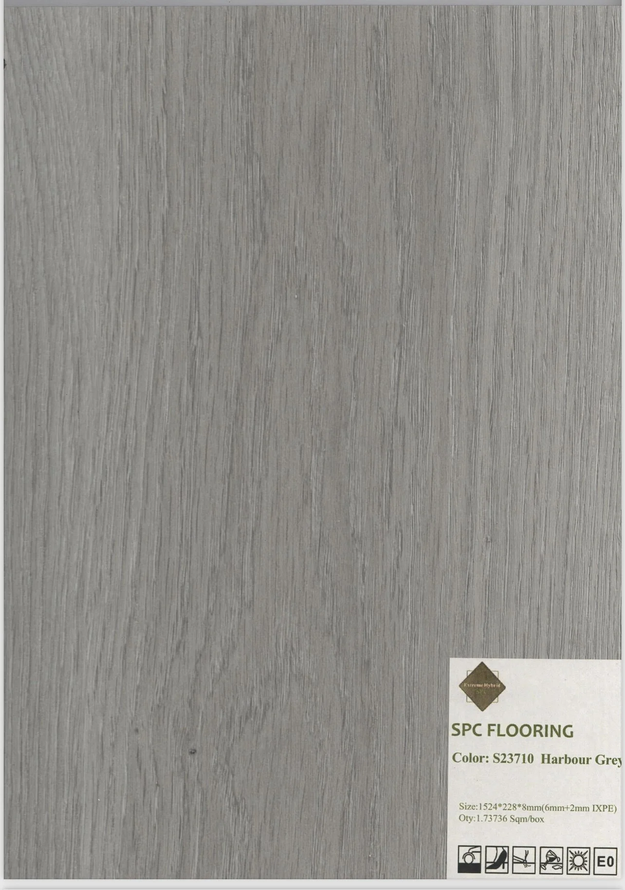 Grey SPC wood flooring sample from Extreme Hybrid collection, labeled Harbour Grey.