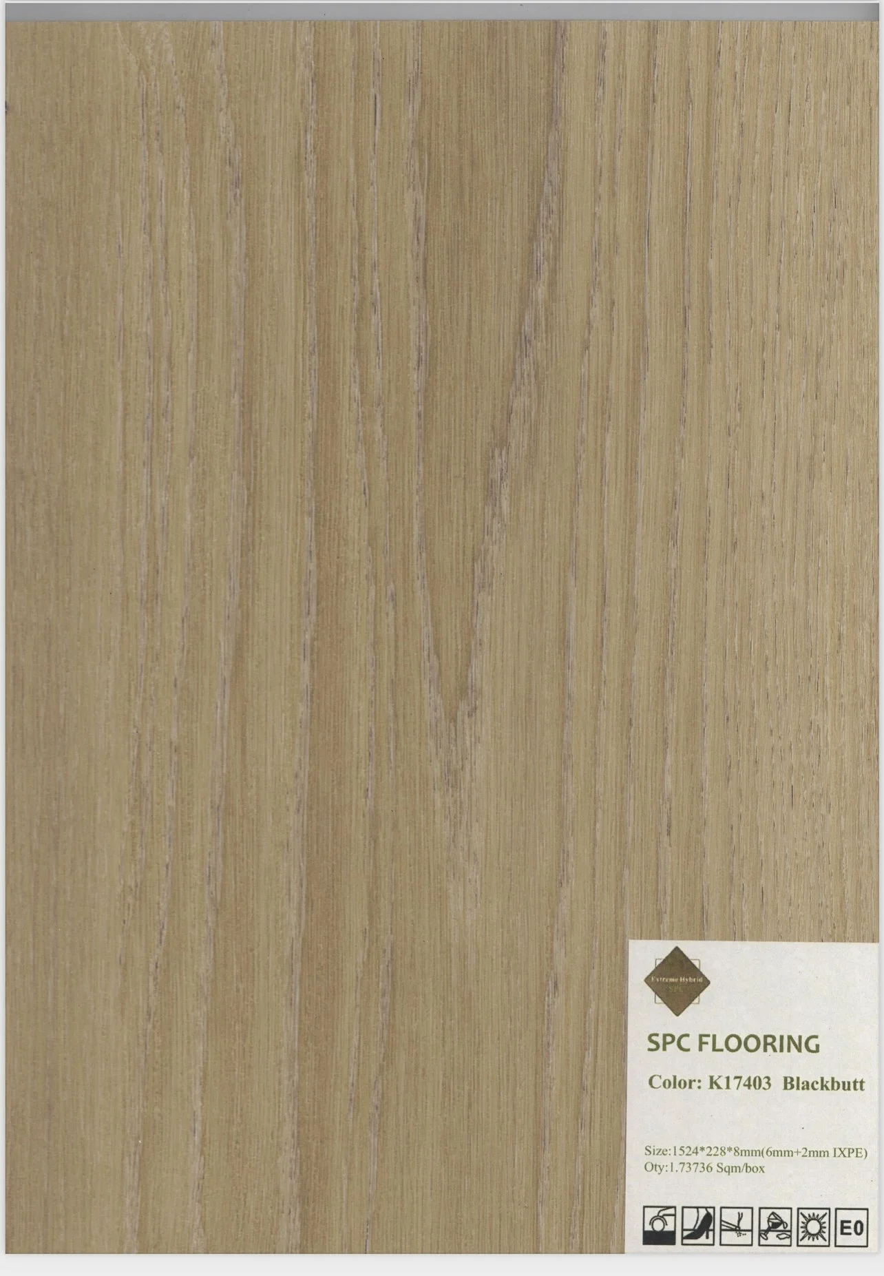 A package of SPC flooring in Blackbutt color with wood grain pattern.