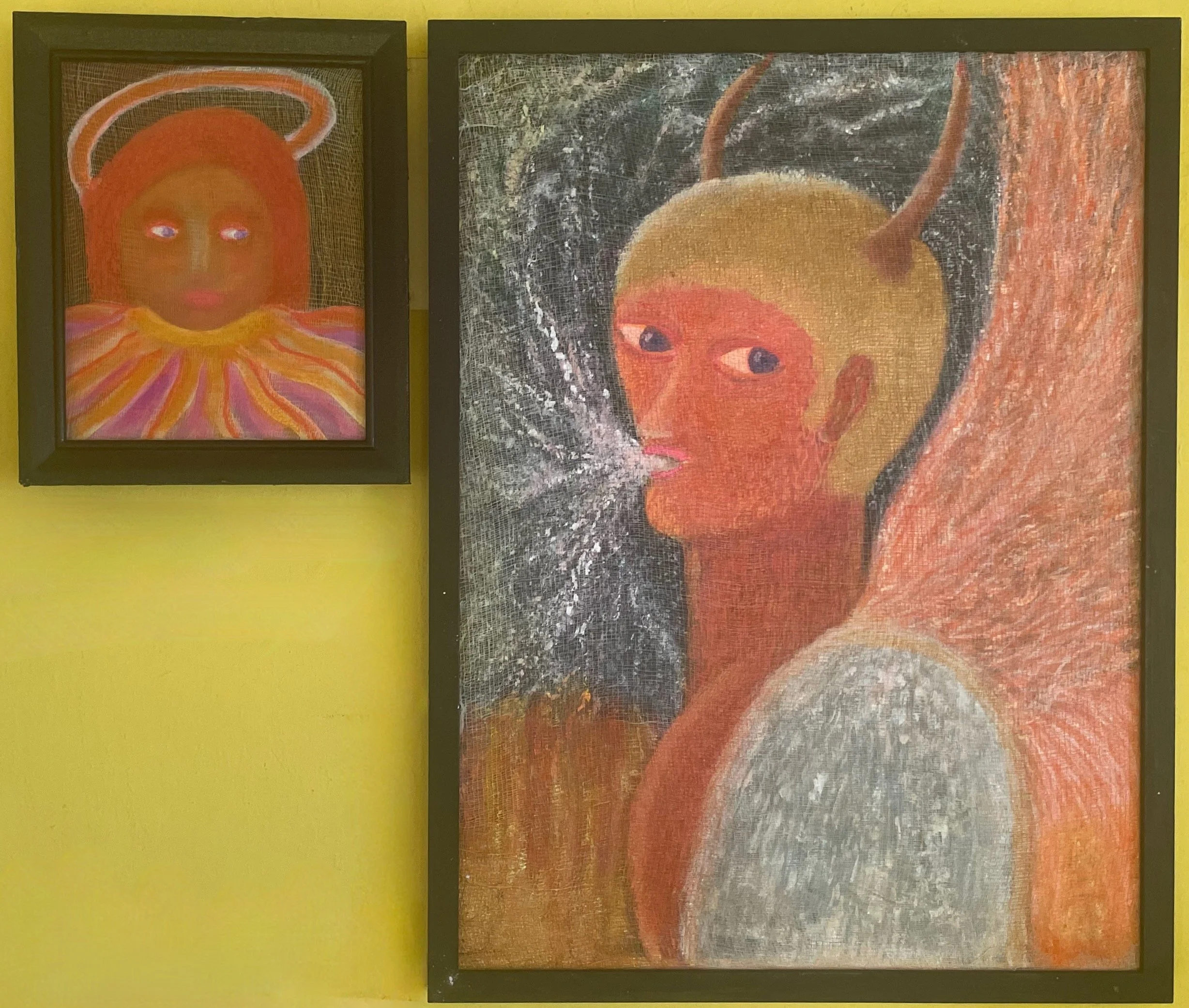 DEMONIC ANGEL WITH ANGELIC DEMON
 32" x 24" Acrylic on 2 joined canvases.
$300