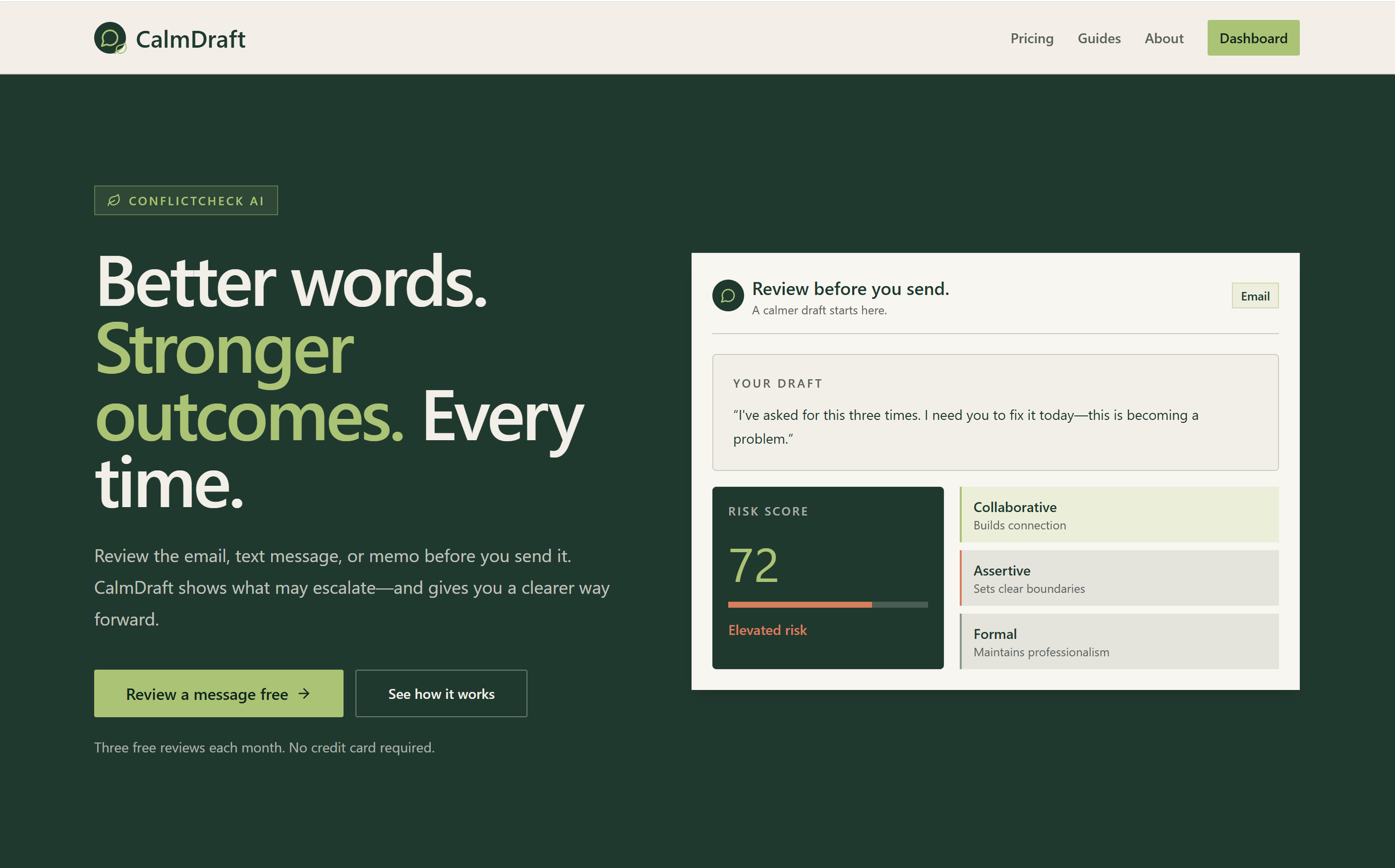 Screenshot of Wellberry ADR's CalmDraft website homepage featuring a dark green background with white and light green text, a draft review section, risk score, and navigation menu with options for Pricing, Guides, About, and Dashboard.