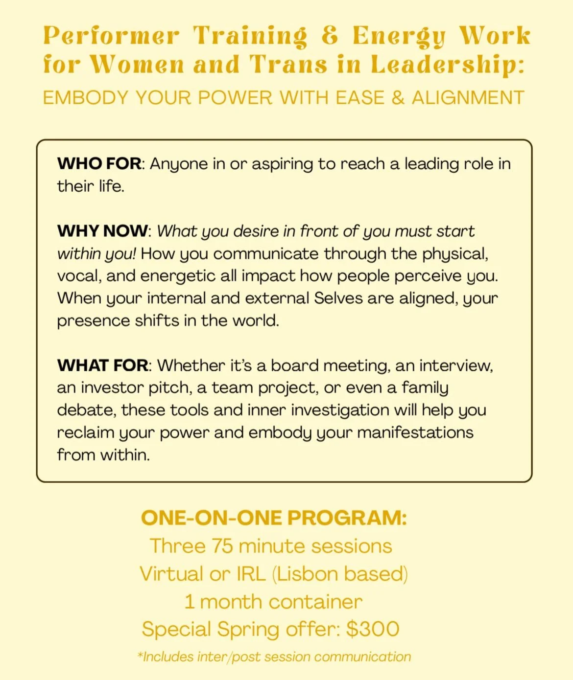 So thrilled about this new offer!!

HOLISTIC SUPPORT: let&rsquo;s learn to embody our power with ease and alignment through both performer technique AND energy work

True embodied presence comes from our internal world aligning with the external. And