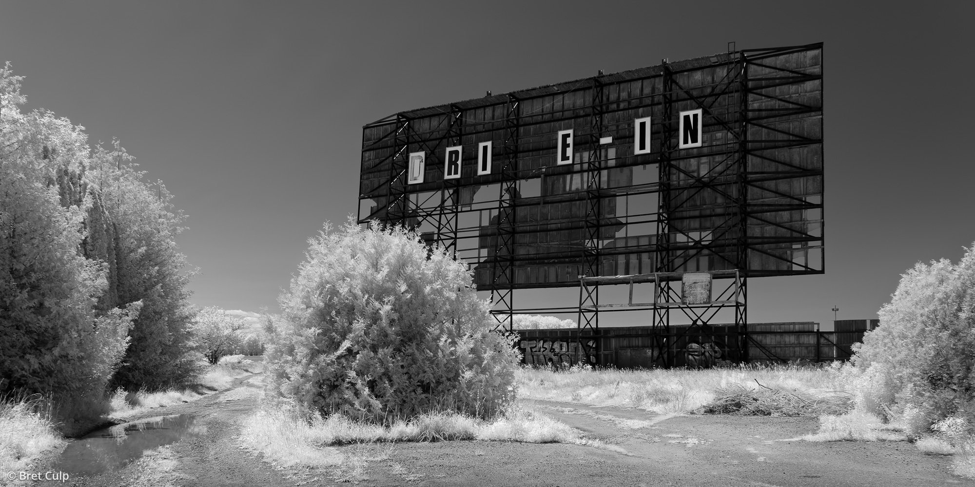 Black and white infrared photograph of the abandoned Elmvale Drive-In in Ontario, a fading cultural landmark succumbing to nature and the elements