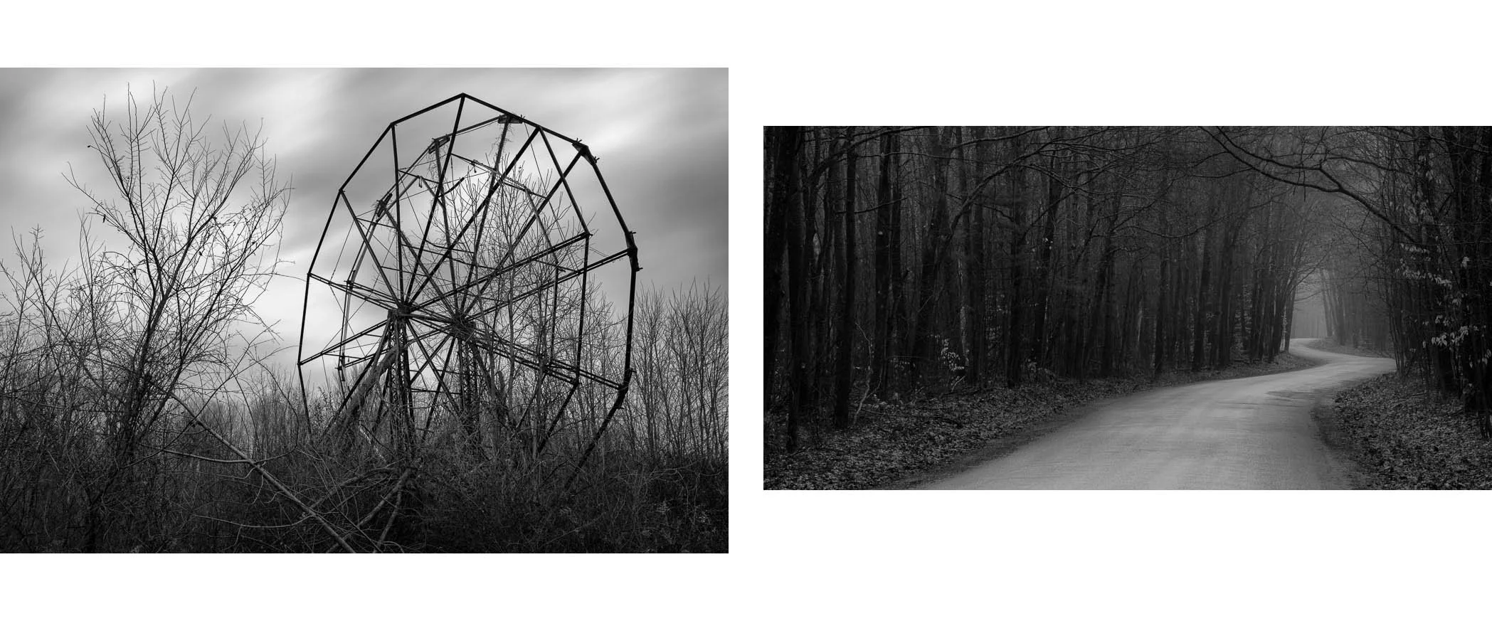 Black and white photographs of a dark winding forest road and an abandoned Ferris wheel by Bret Culp, featured in the testimonials section on the homepage.