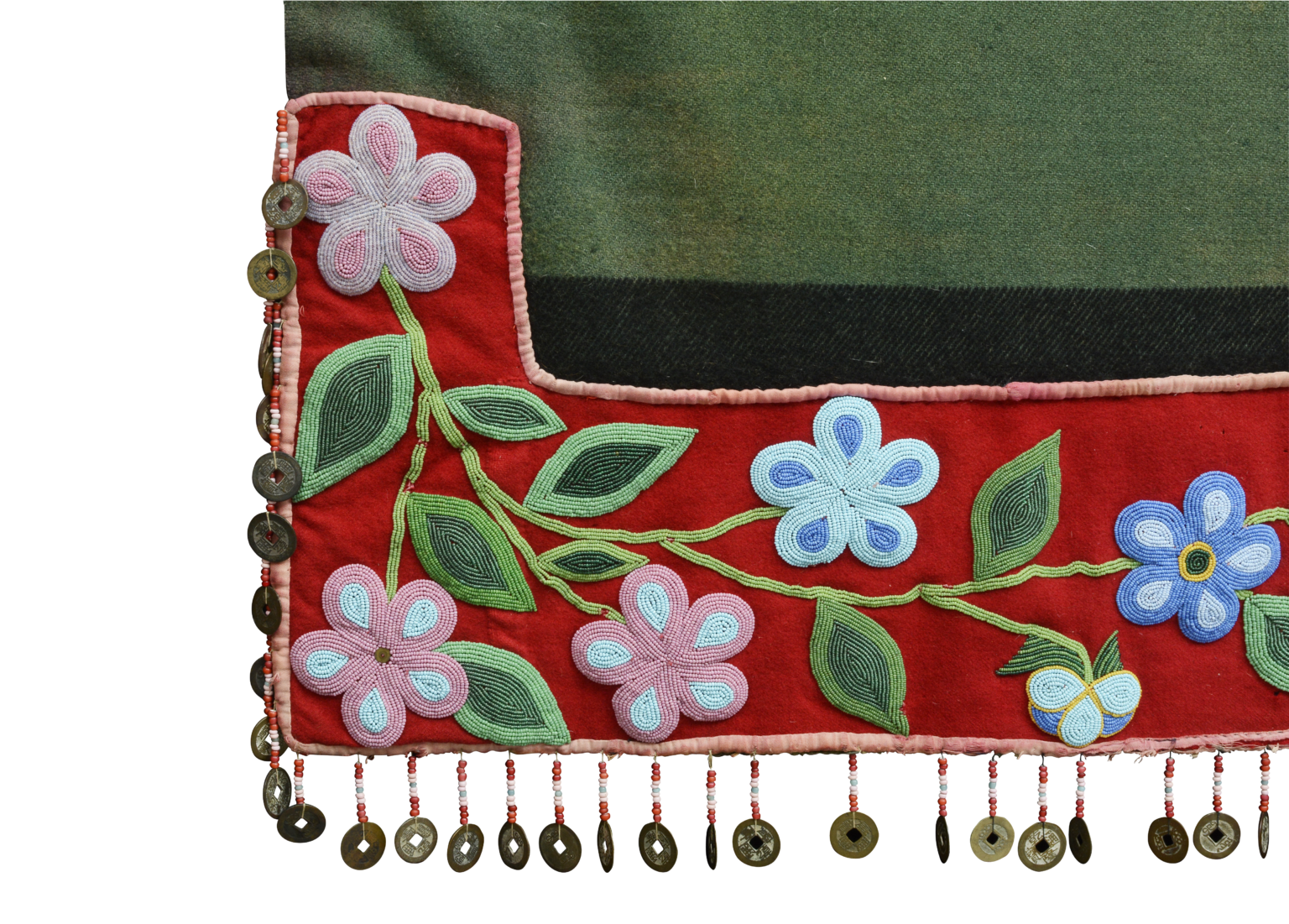 Artist once known (Nimiipuu [Nez Perce]), Saddle Blanket (detail), circa 1885, wool, glass beads, Chinese coins, 40 × 48 in. (sight), National Cowboy & Western Heritage Museum, 1983.06.12