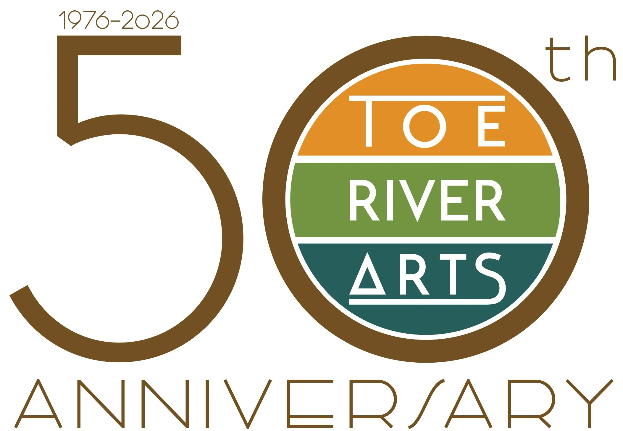 Logo celebrating the 50th year anniversary of Toe River Arts from 1976-2026.