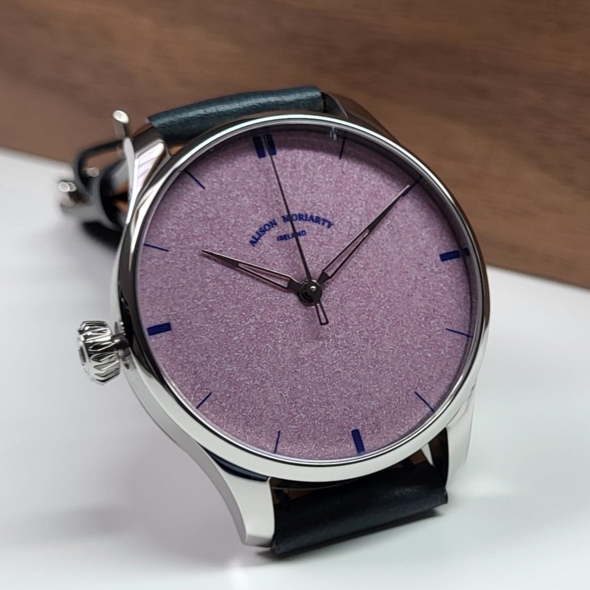 Moriarty Watches "Candy Pink" Watch made for a right hand wearer with the crown on the left hand side by request.