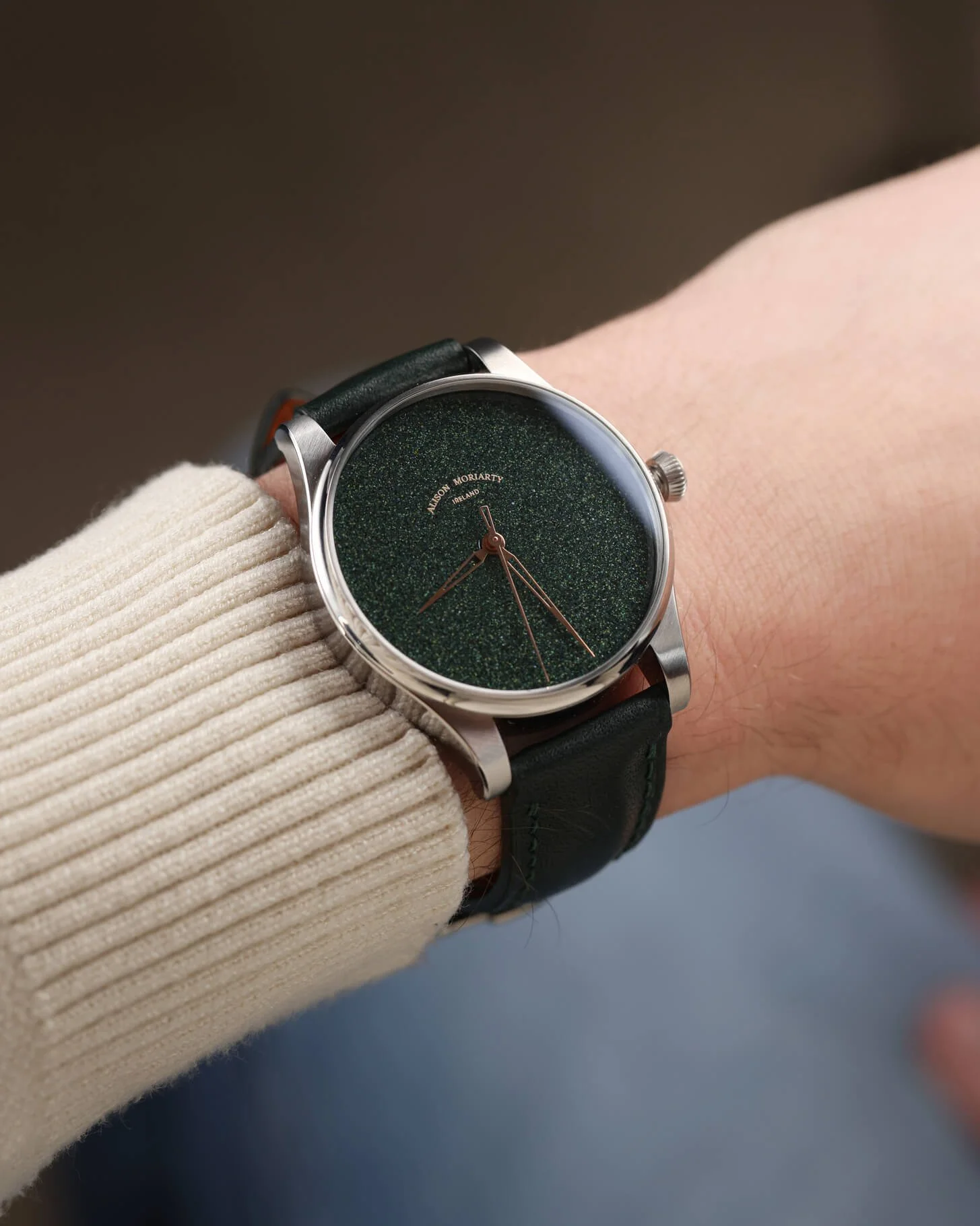 Moriarty Hibernia handmade grand feu enamel dial watch in its natural habitat