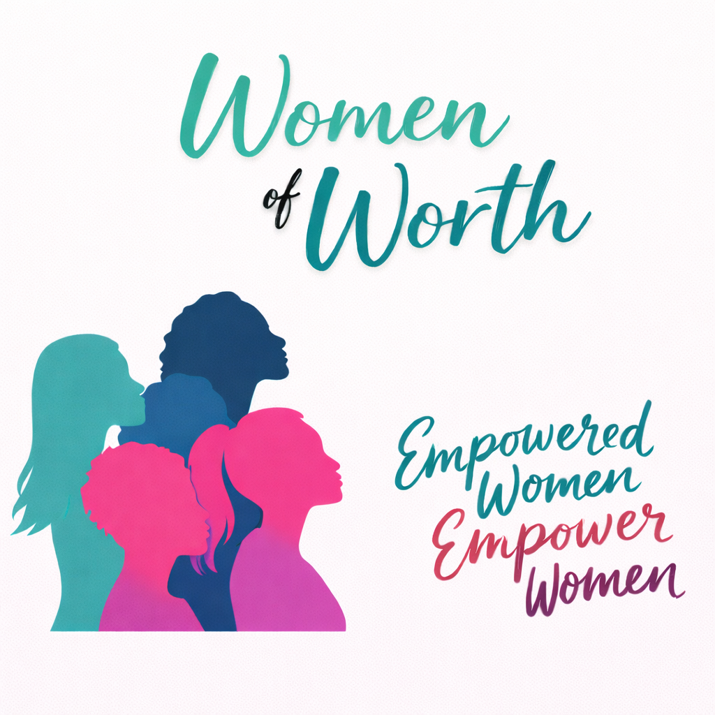 Illustration of multiple women silhouettes in different colors with the text 'Women of Worth, Empowered Women, Empower'.