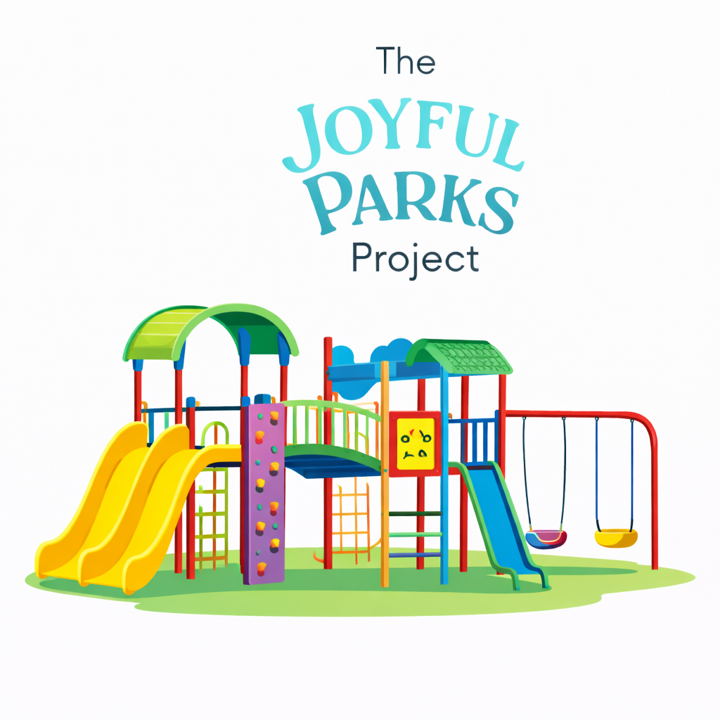 Children's playground structure with slides, swings, and climbing equipment, featured on a white background with the text 'The Joyful Parks Project' above it.