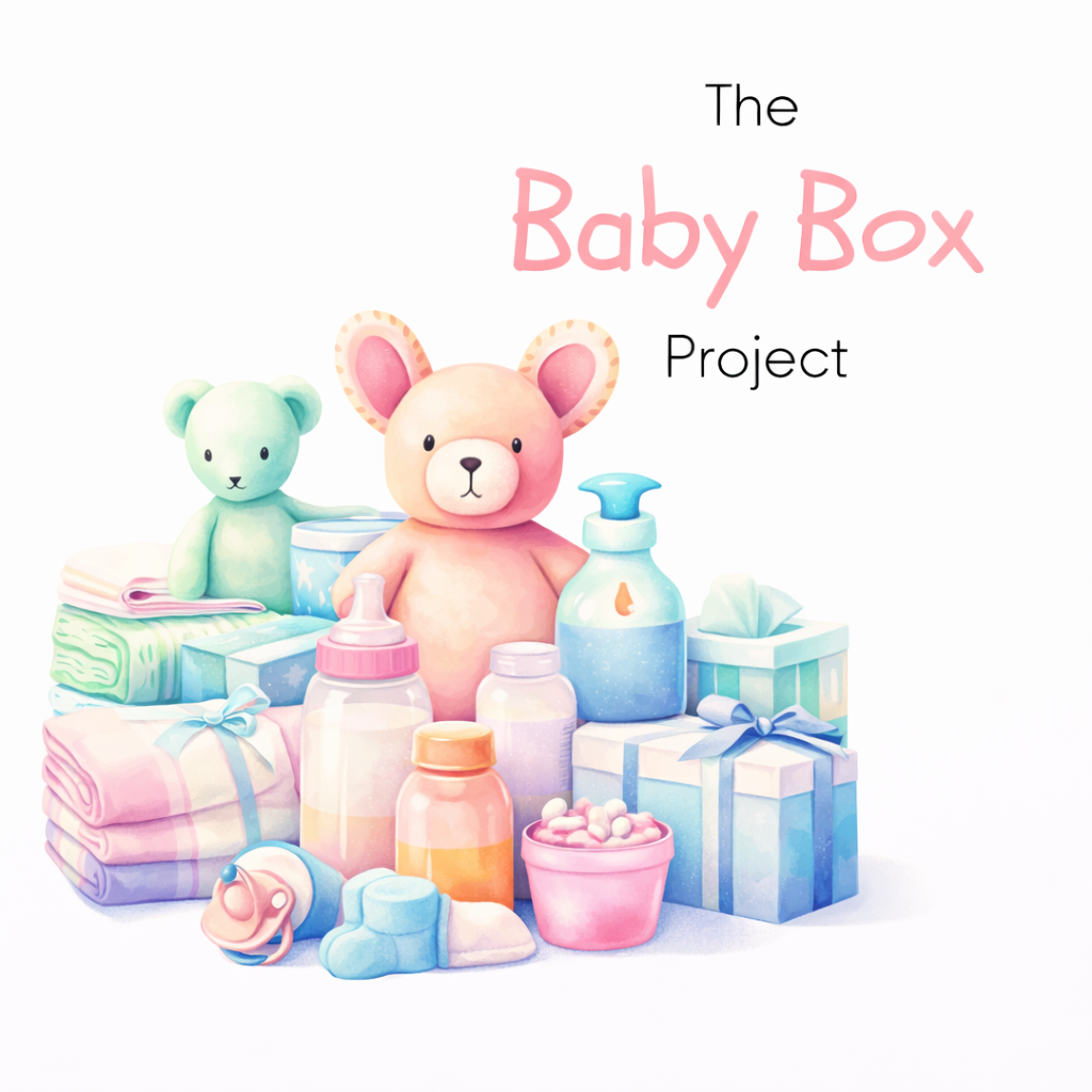 Colorful illustration of baby supplies, including stuffed animals, bottles, diapers, and gift boxes, with the words 'The Baby Box Project' in pink and black text.