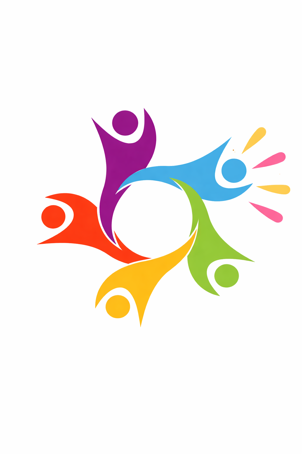 Colorful abstract logo featuring five figures in purple, blue, green, yellow, and red, arranged in a circular pattern with arms raised.