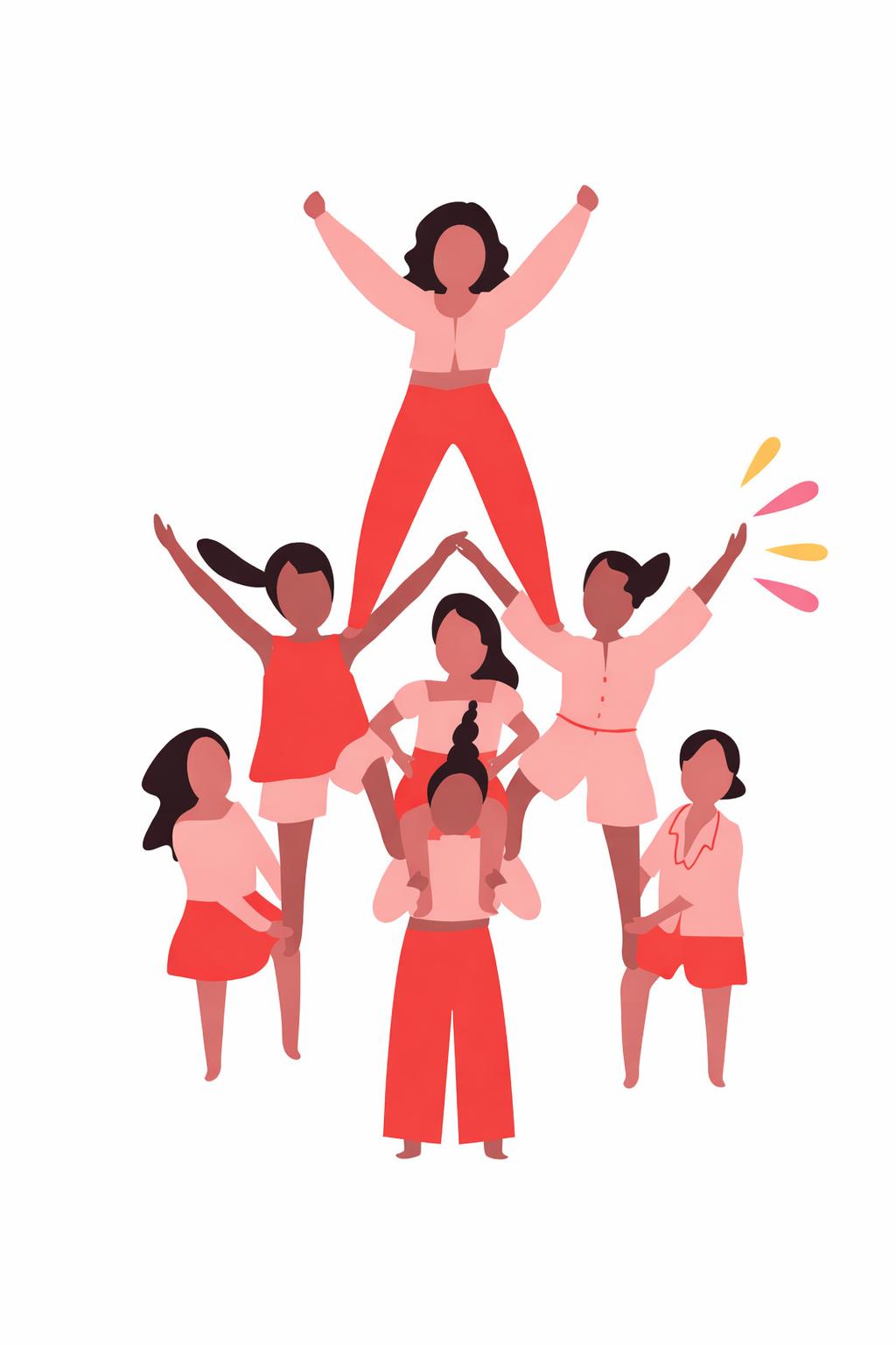 Illustration of six women forming a human pyramid, with one woman at the top raising her arms.