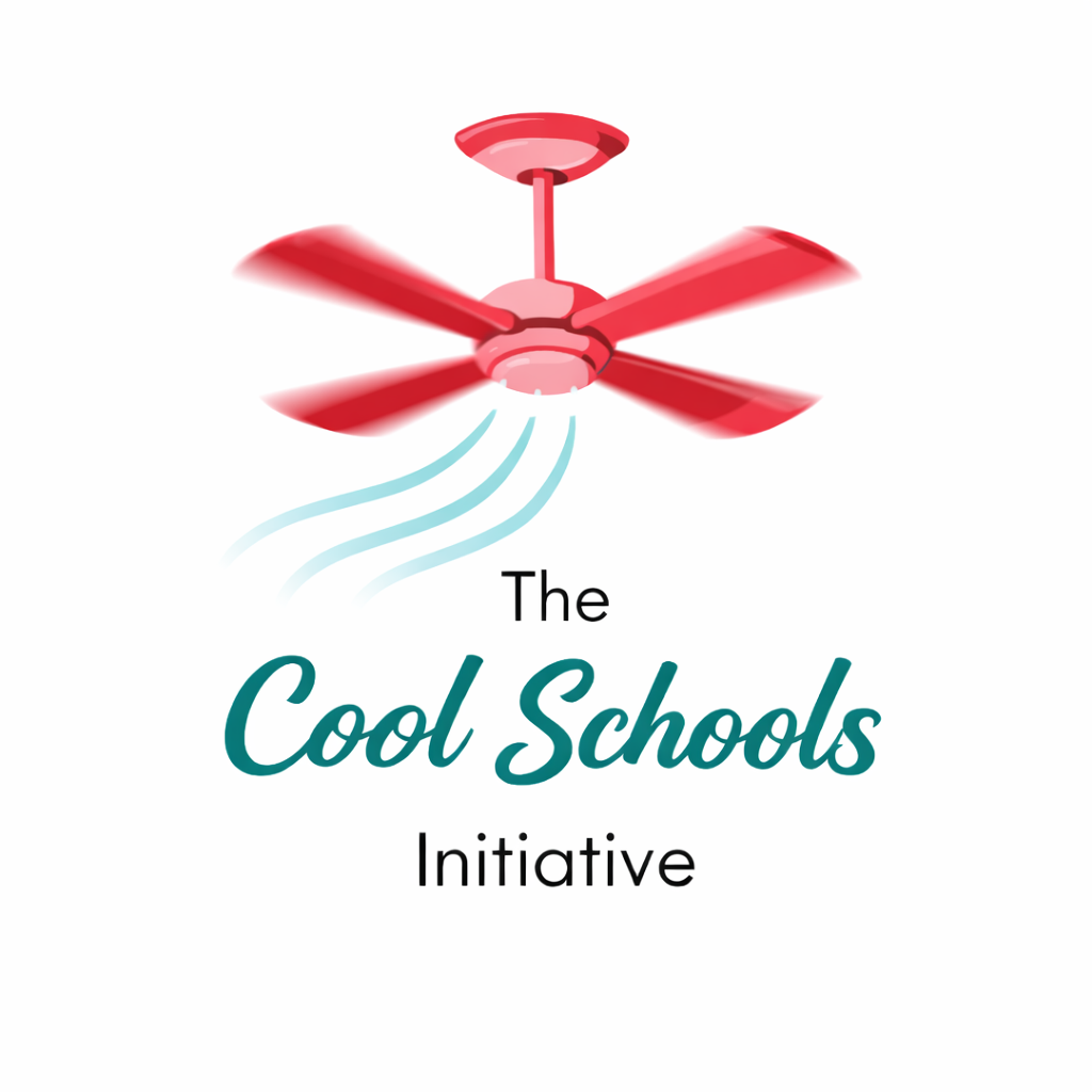 Logo for The Cool Schools Initiative featuring a red ceiling fan with blue air flow lines.