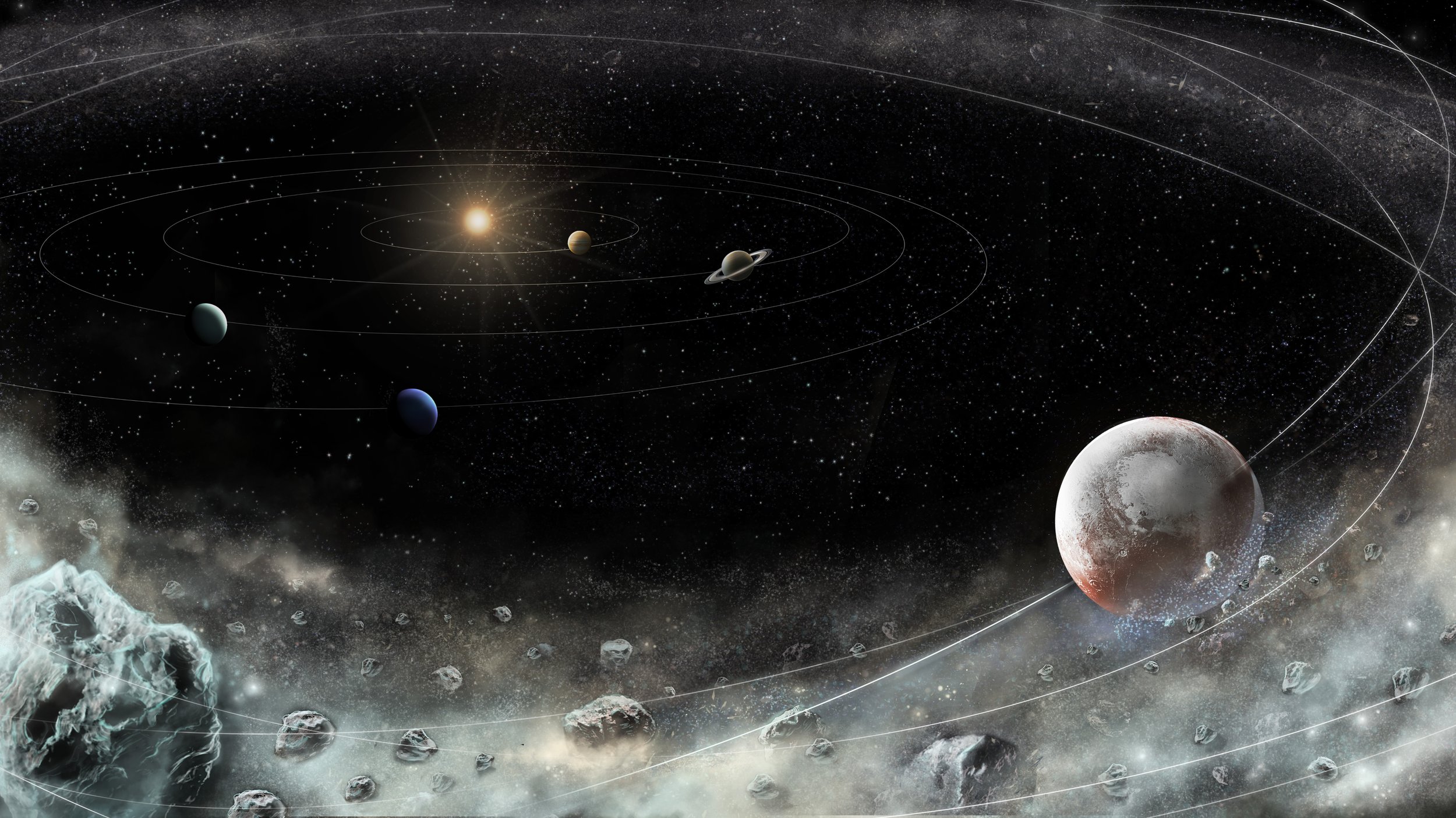 Pluto in it's "icy kinkgdom" sourrounded by icy rocks. Illustratiot for Science News's newsletter