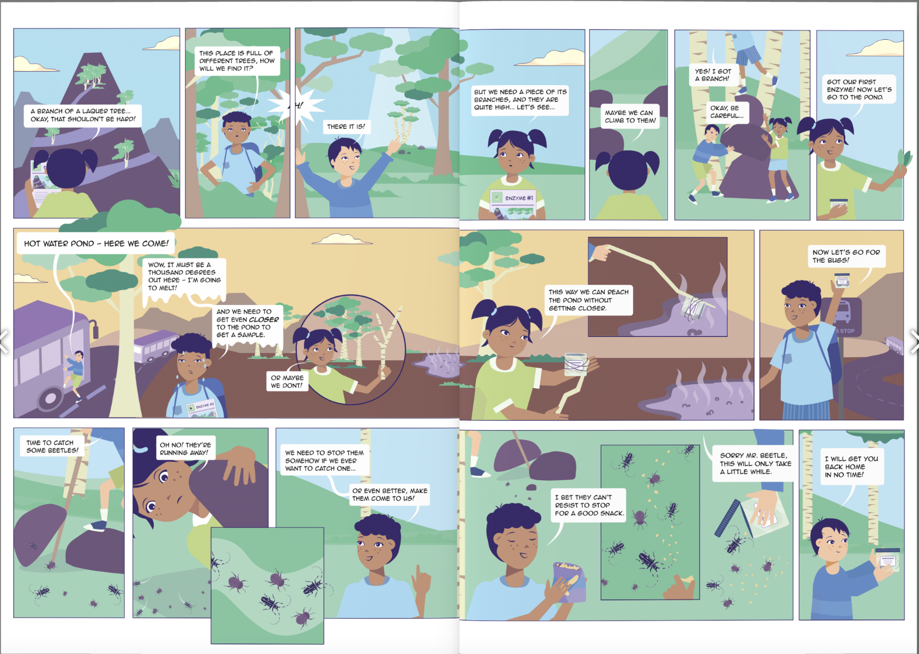 Two consecutive pages of the graphic novel "Molecular Explorers".