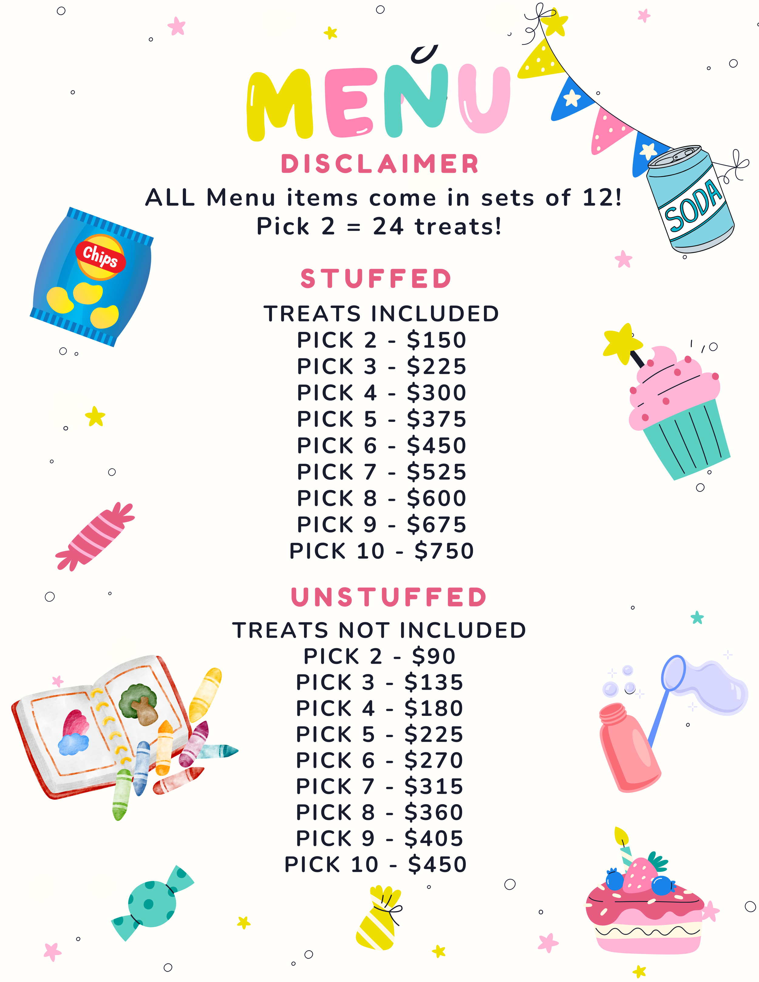 Menu listing various prices for snacks and party items decorated with illustrations of candies, soda cans, and snacks, with decorative banners and confetti in the background.
