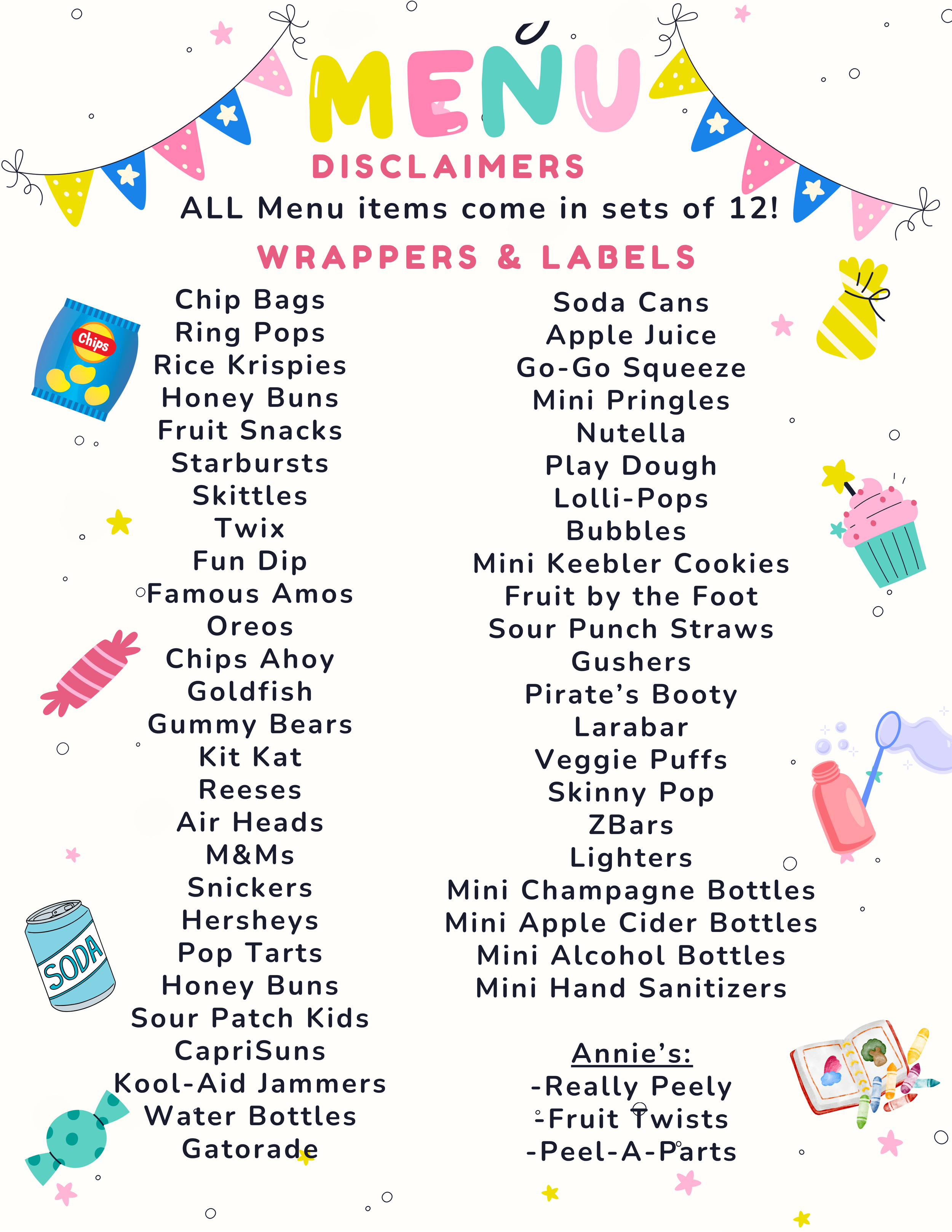A colorful menu listing various snacks and party items, accompanied by illustrations of candies, soda cans, and snacks, with decorative banners and confetti in the background.
