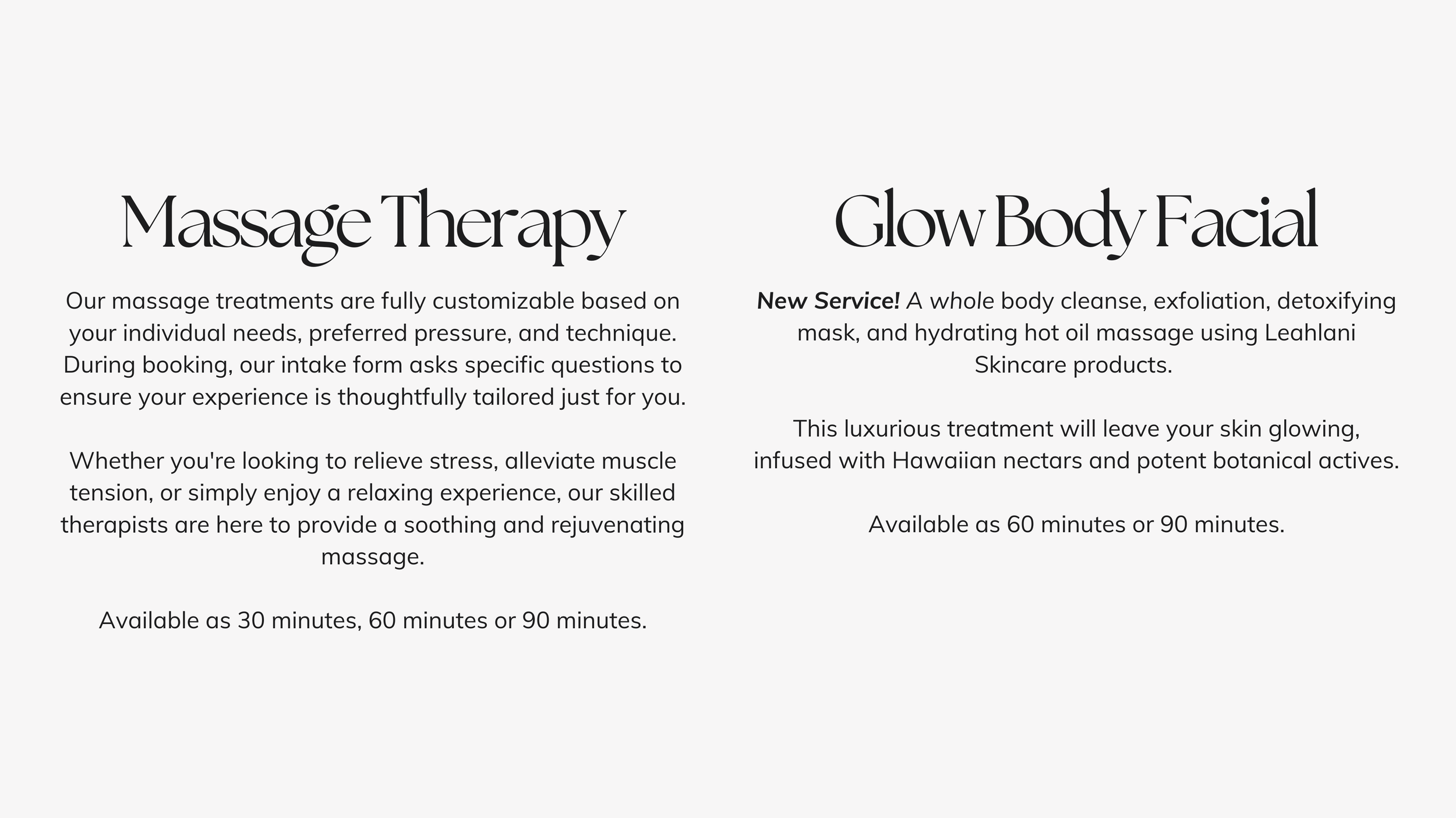 Text about massage therapy and glow body facial services, detailing options and durations.