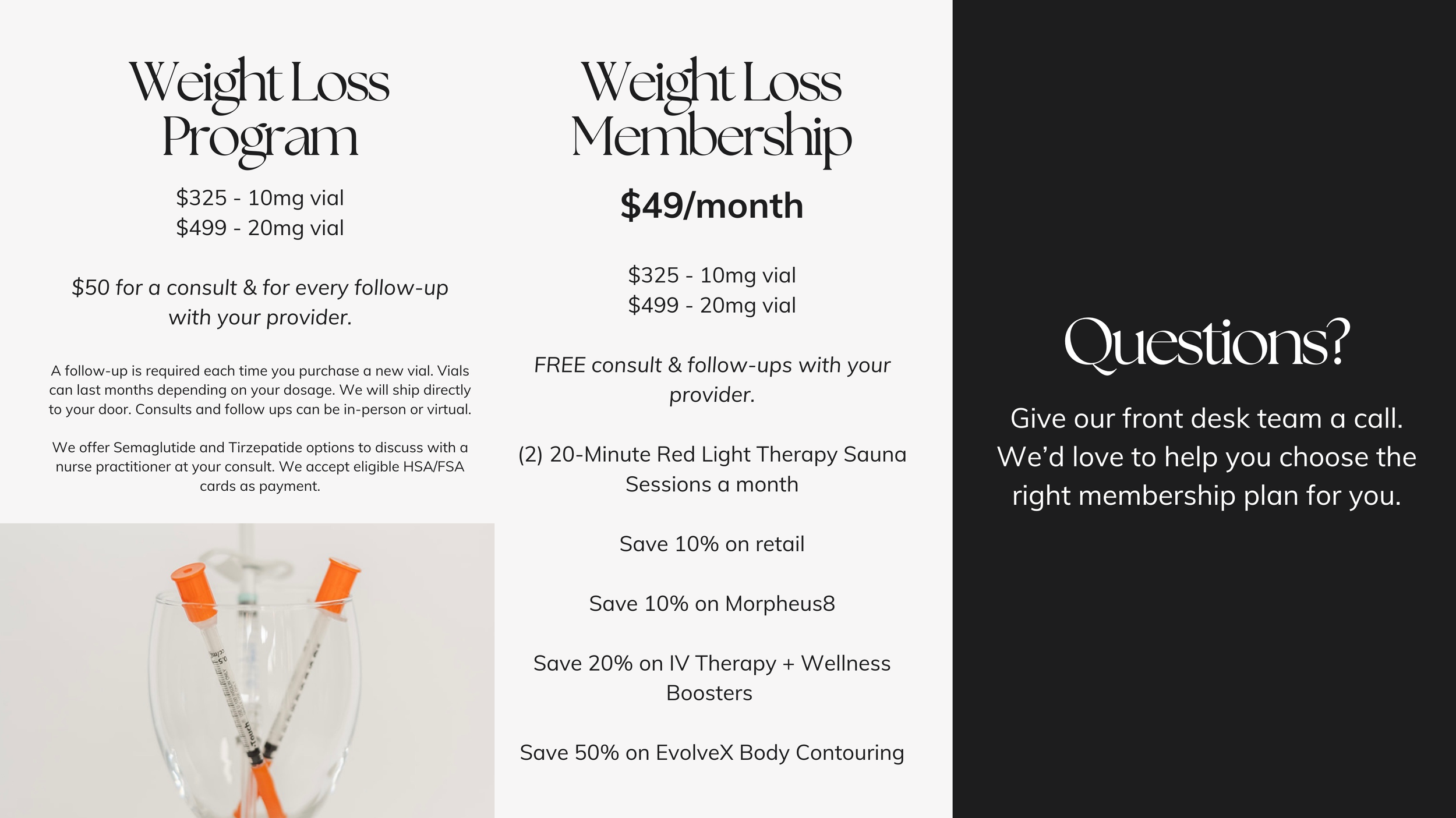 Flyer with information about weight loss programs, memberships, discounts, and contact options, featuring a photo of syringes in a glass.