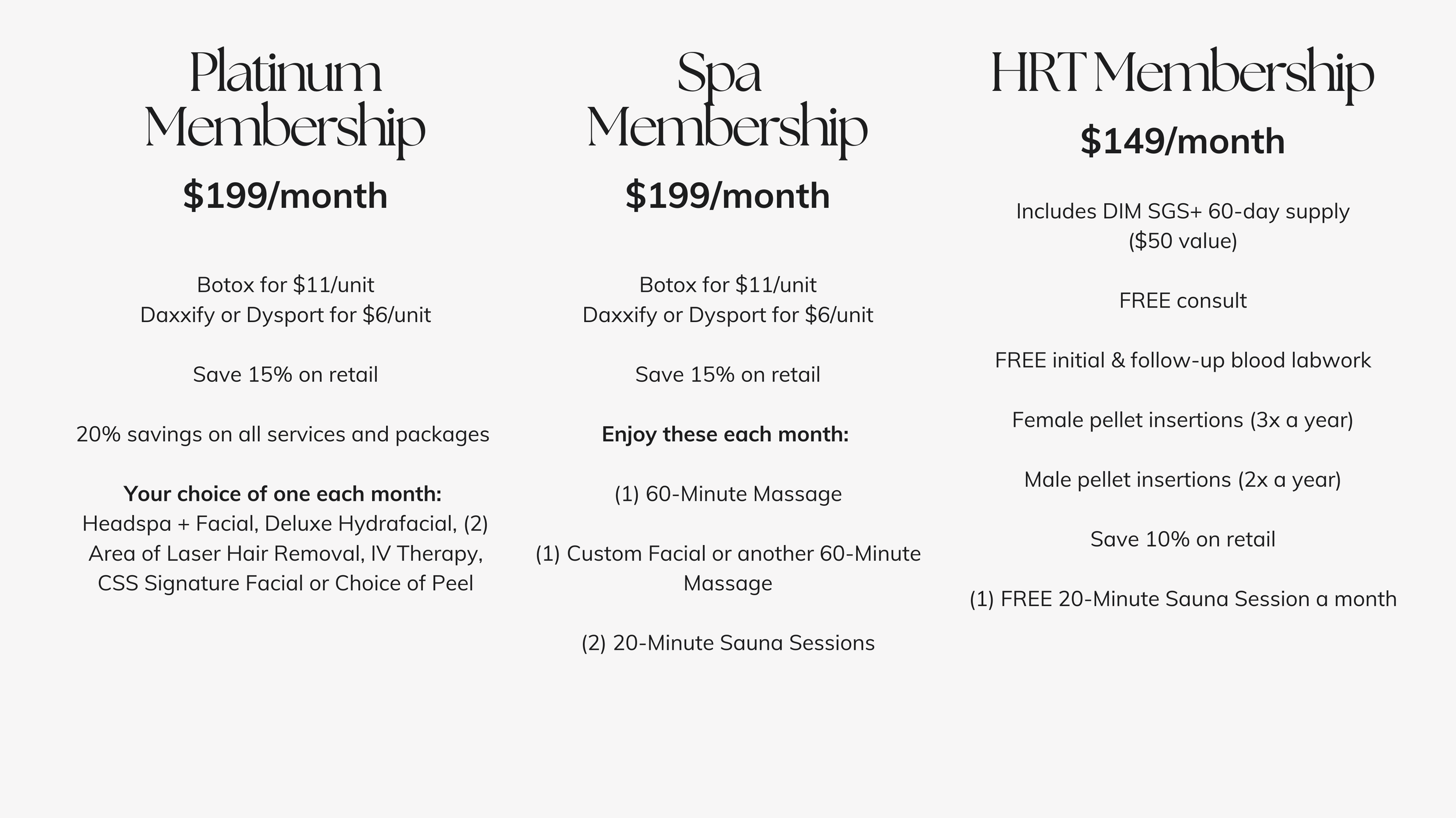 Pricing plans for spa, and HRT membership options, including monthly costs and services.