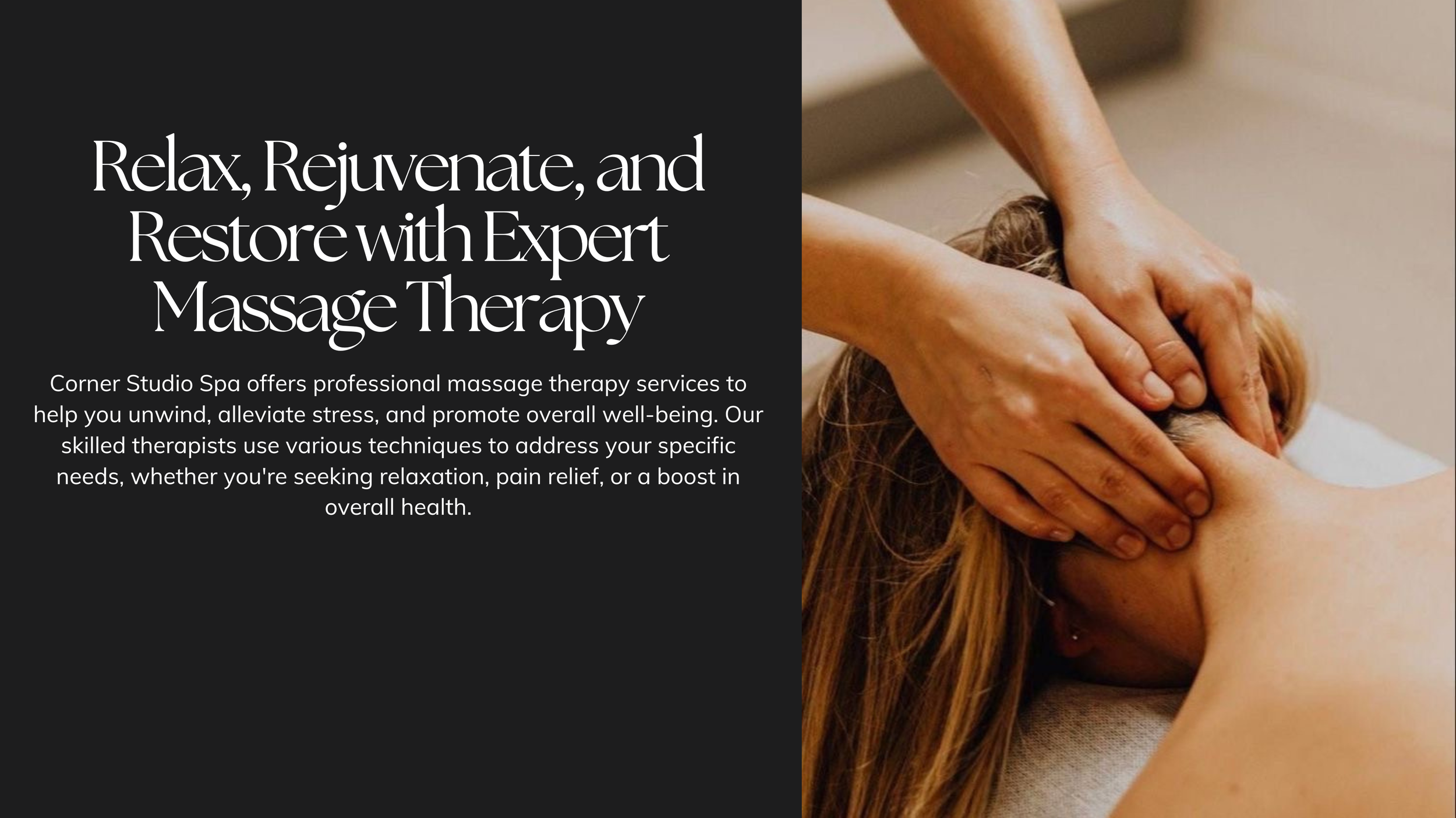 Text promoting massage therapy services alongside a photo of a massage therapist massaging a person's head and neck.