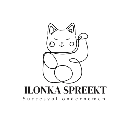 Een eenvoudige lijntekening van een miezerige kat die een grote sleutel vasthoudt. Onder de tekening staan de woorden 'Ilonka Spreekt' en 'succesvol ondernemen'.