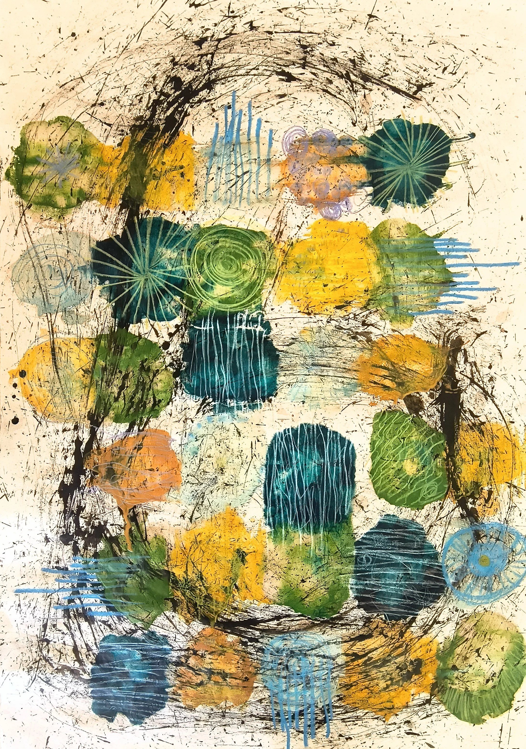 "Active Bloom" * SOLD 25 x 37  Encaustic Monotype on Thai Chiri Kozo paper
