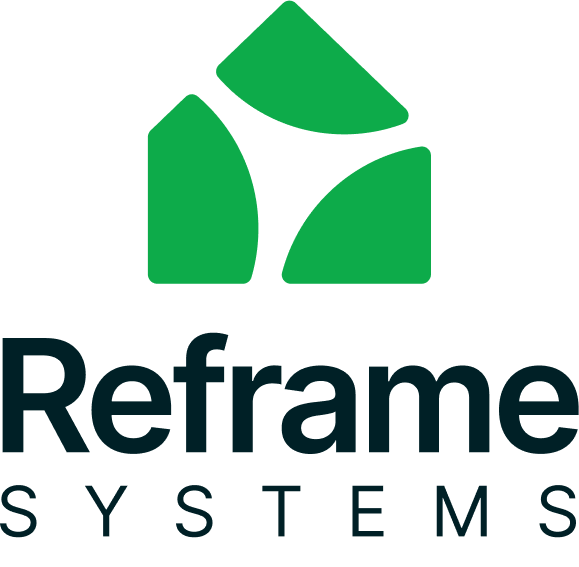 Reframe Systems logo with green abstract geometric shape above the company name