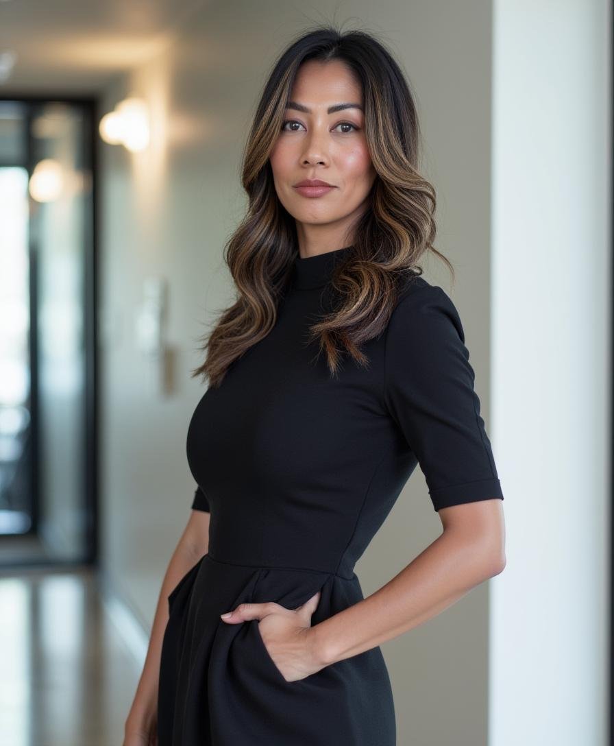 A woman with wavy, shoulder-length hair wearing a black dress, standing in a well-lit indoor space.