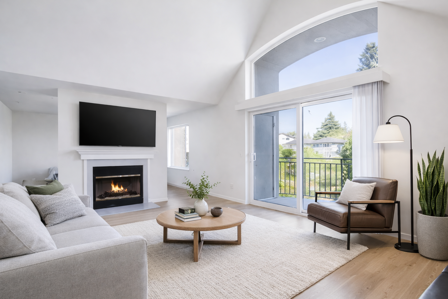 Bright living room with white walls, a fireplace, a wall-mounted TV, a large window and sliding glass door, a sofa, a round wooden coffee table with books and a plant, a brown armchair with a pillow, and a tall floor lamp with a white shade near a po