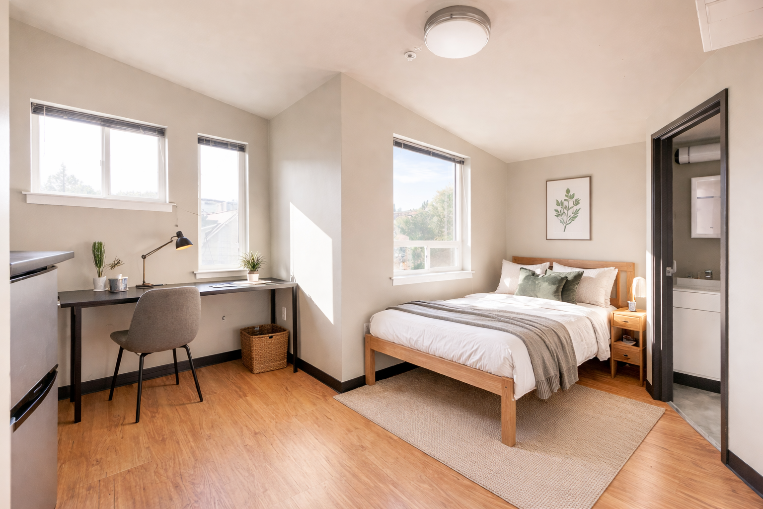 A bright bedroom with a bed, nightstand, desk with a chair, and windows providing natural light.