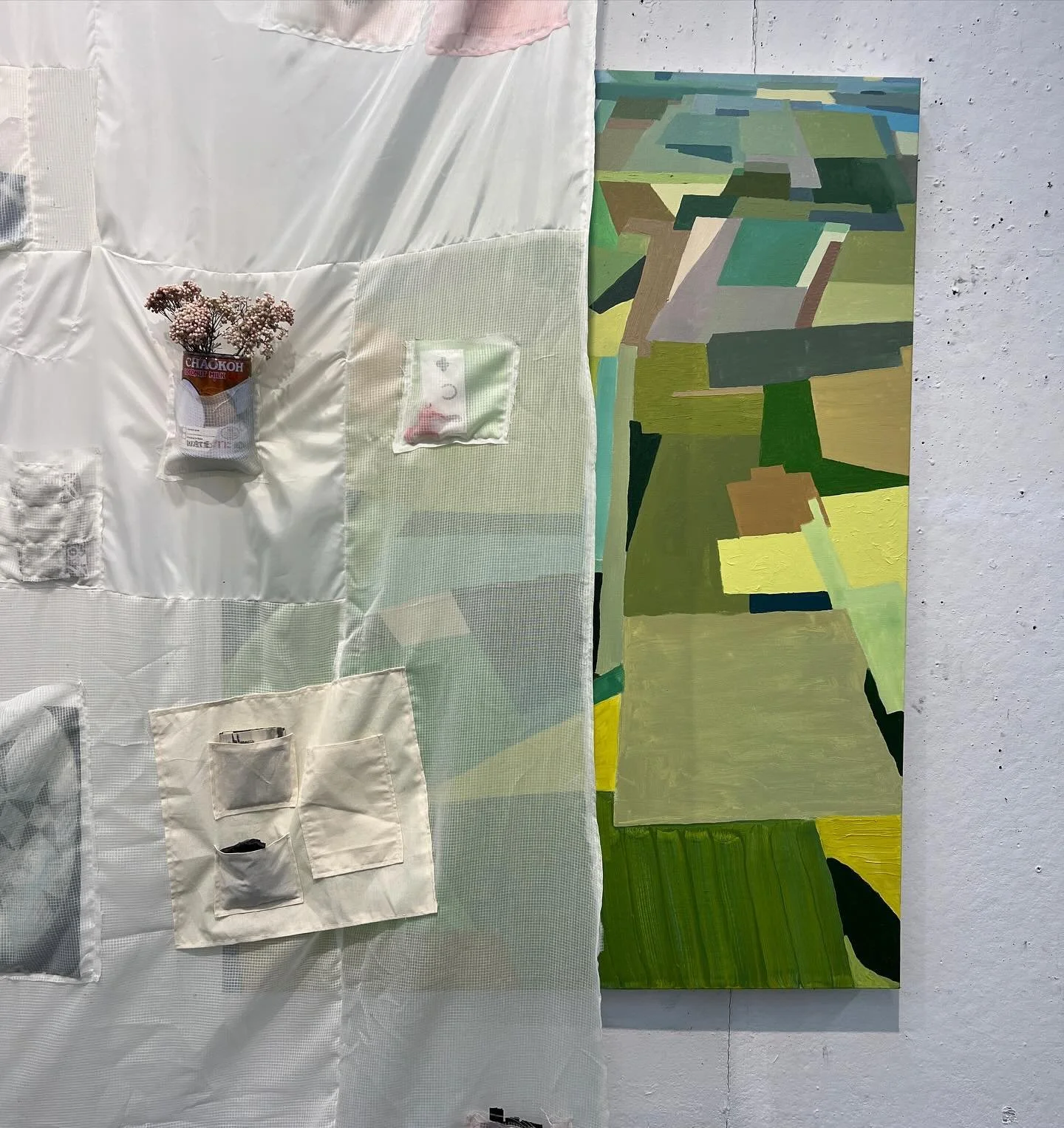 Collaboration with @hi_marin_ 

Acrylic on canvas, textile, found and gifted objects, ceramic fragments, cross sections of pine, embroidery thread, dried flowers, and photos 
-
-
-

Marin and I were working off of a shared joy. The experience and mem