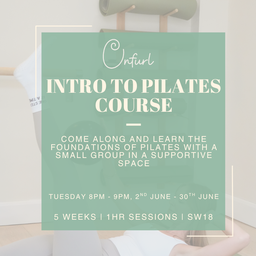 An informational poster for an introductory Pilates course. The background shows a person lying on a Pilates reformer machine in a studio. The text provides course details, schedule, and duration.
