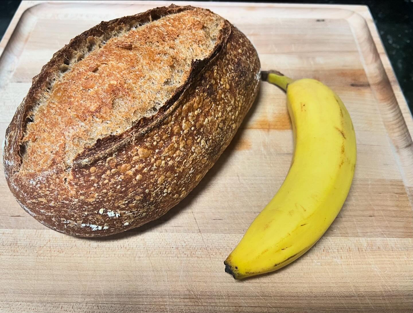 Half white/half whole wheat. Beautiful bubbles and banana for scale.