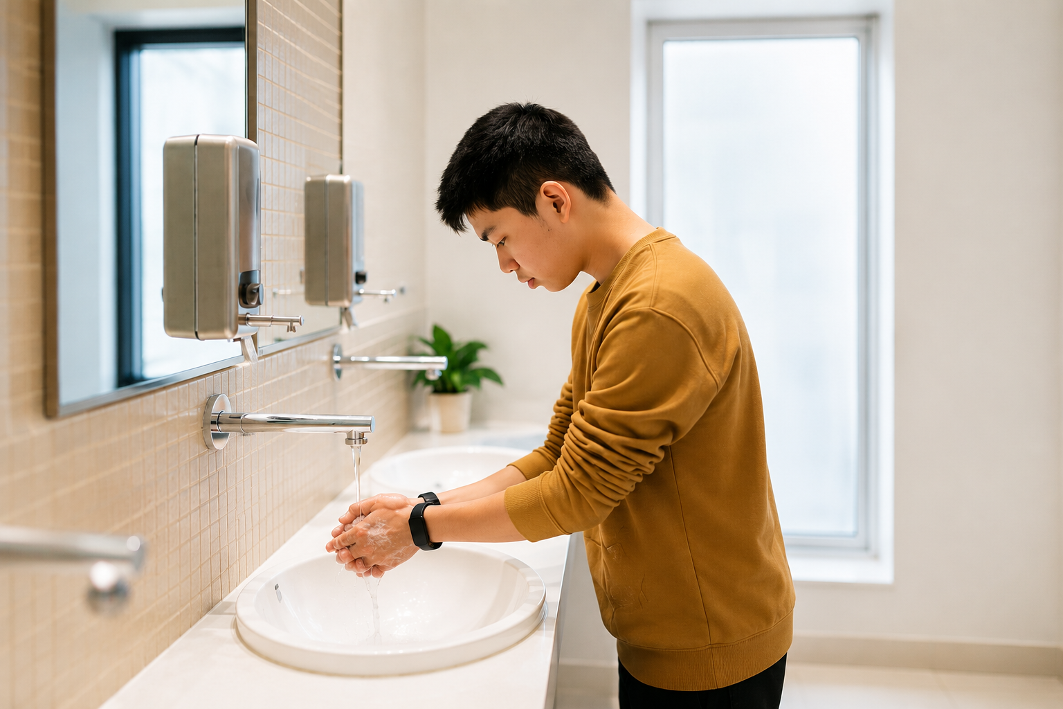 A young man washing his hands at a bathroom sink with soap dispenser and mirror.