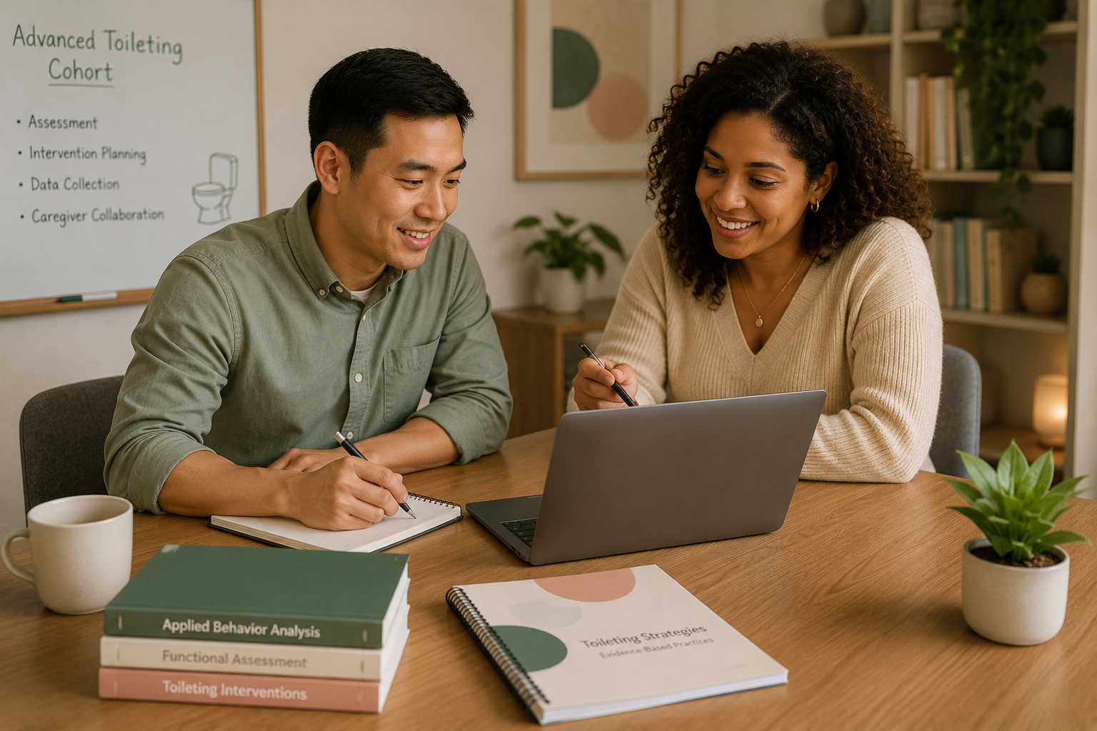 Two people sitting at a wooden table, discussing and writing notes while looking at a laptop. The woman has curly hair and is wearing a beige sweater; the man has short black hair and is wearing a green shirt. On the table are books titled 'Applied Behavior Analysis,' 'Functional Assessment,' and 'Toileting Interventions,' along with a notebook, a printed report titled 'Toileting Strategies,' and two potted plants.