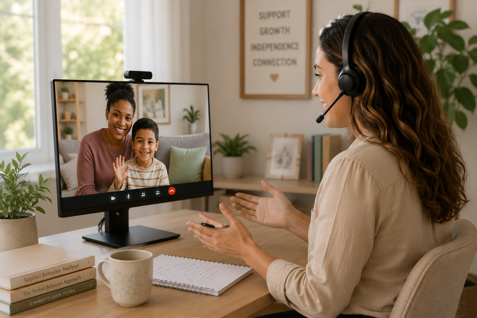 A woman wearing a headset is engaging in a video call on her computer with a woman and a young boy who are smiling and waving from their home. The woman is sitting at a desk with books, a notebook, a mug, a small potted plant, and a sidebar with text behind her.