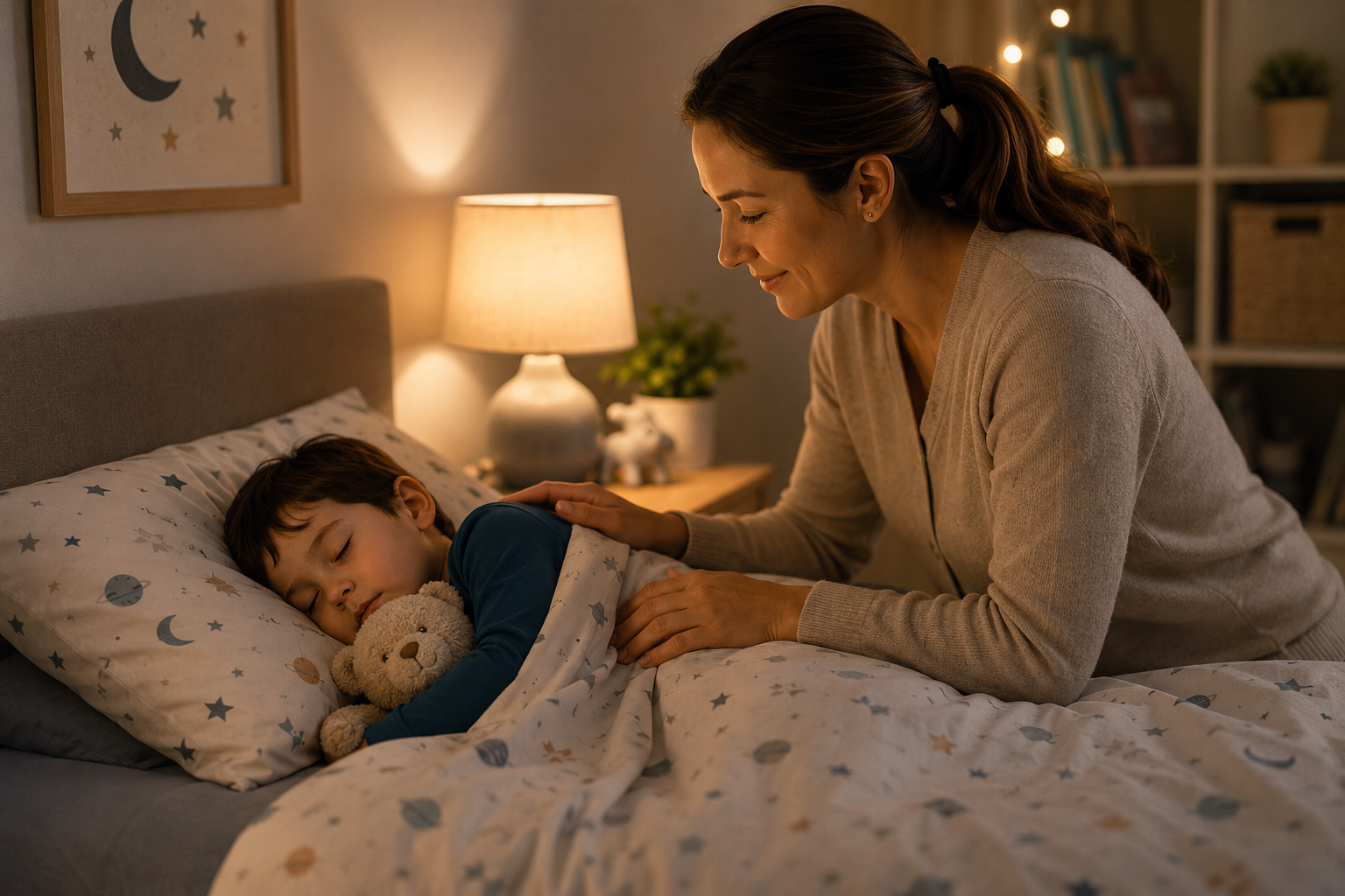 A woman with brown hair in a ponytail smiling gently as she gently touches her sleeping young boy, who is cuddling a teddy bear in bed at night. The room is softly lit with a table lamp and has moon and star decorations on the wall.