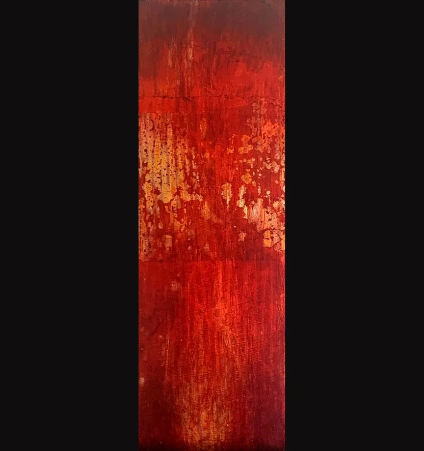 Fire in My Bones, 4x12, Jeremiah 20:9, Metal leaf with Stain on Gessoboard