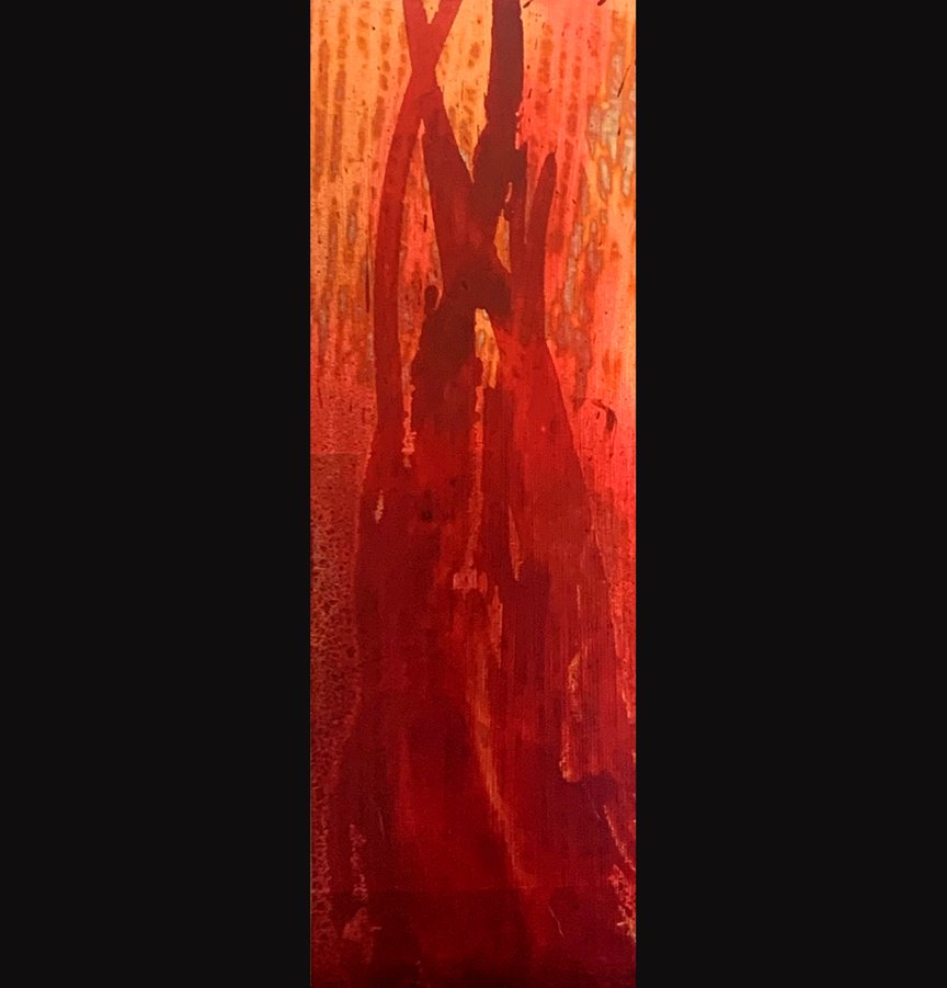 Anger Like Fire 2, 4x12, Jeremiah 5:14, Metal leaf with stain on gessoboard