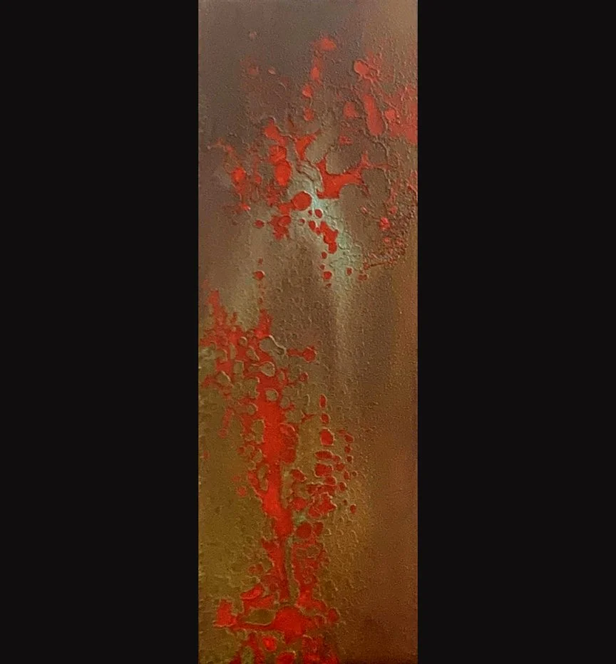 Anger 1, 4x12, Jeremiah 3:12, patina on metal leaf with oil on gessoboard