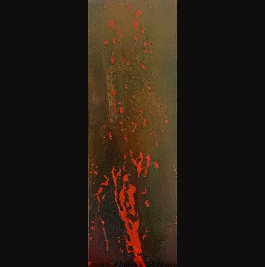 Anger 5, 4x12, Jeremiah 21:5, Patina on metal leaf with oil on gessoboard