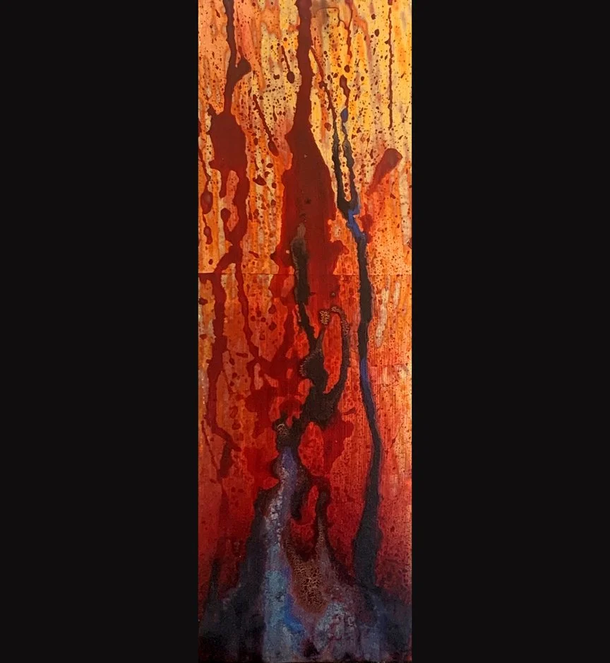 Horror of God: Topheth 1, 4x12, Jeremiah 7:31, Patina on metal leaf with oil on gessoboard