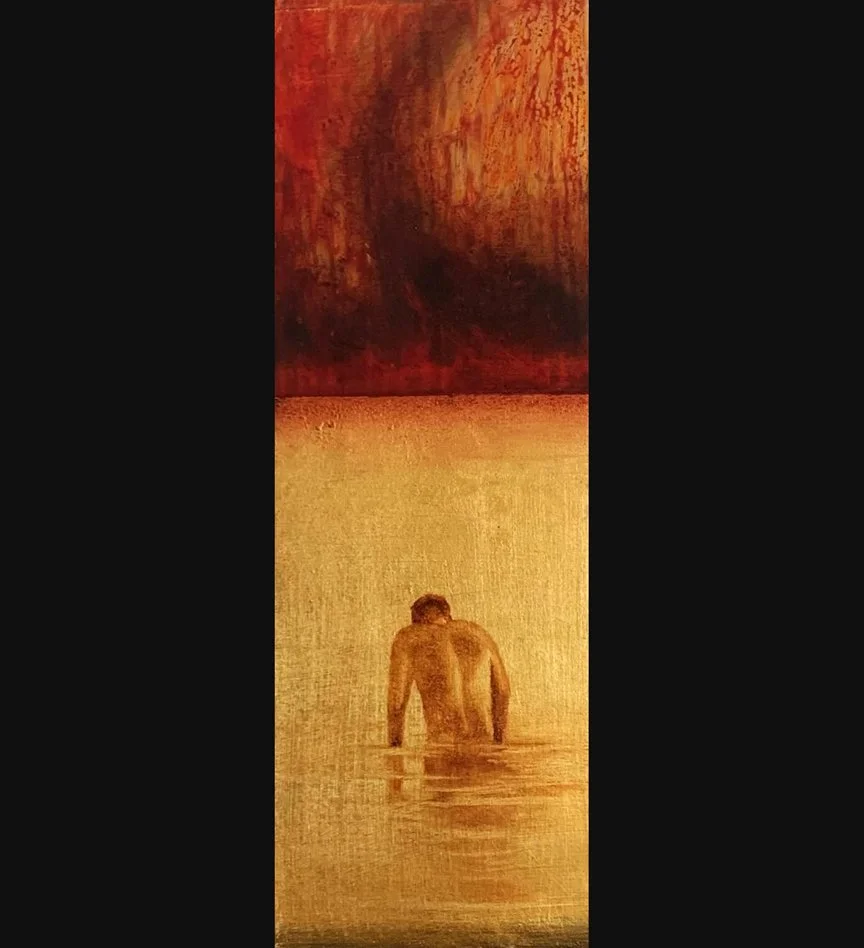 Jeremiah's Faithfulness, Jeremiah 14:17-22, Jeremiah Panels, 4x12, Oil on 23k gold leaf and brass leaf with stain on gessoboard