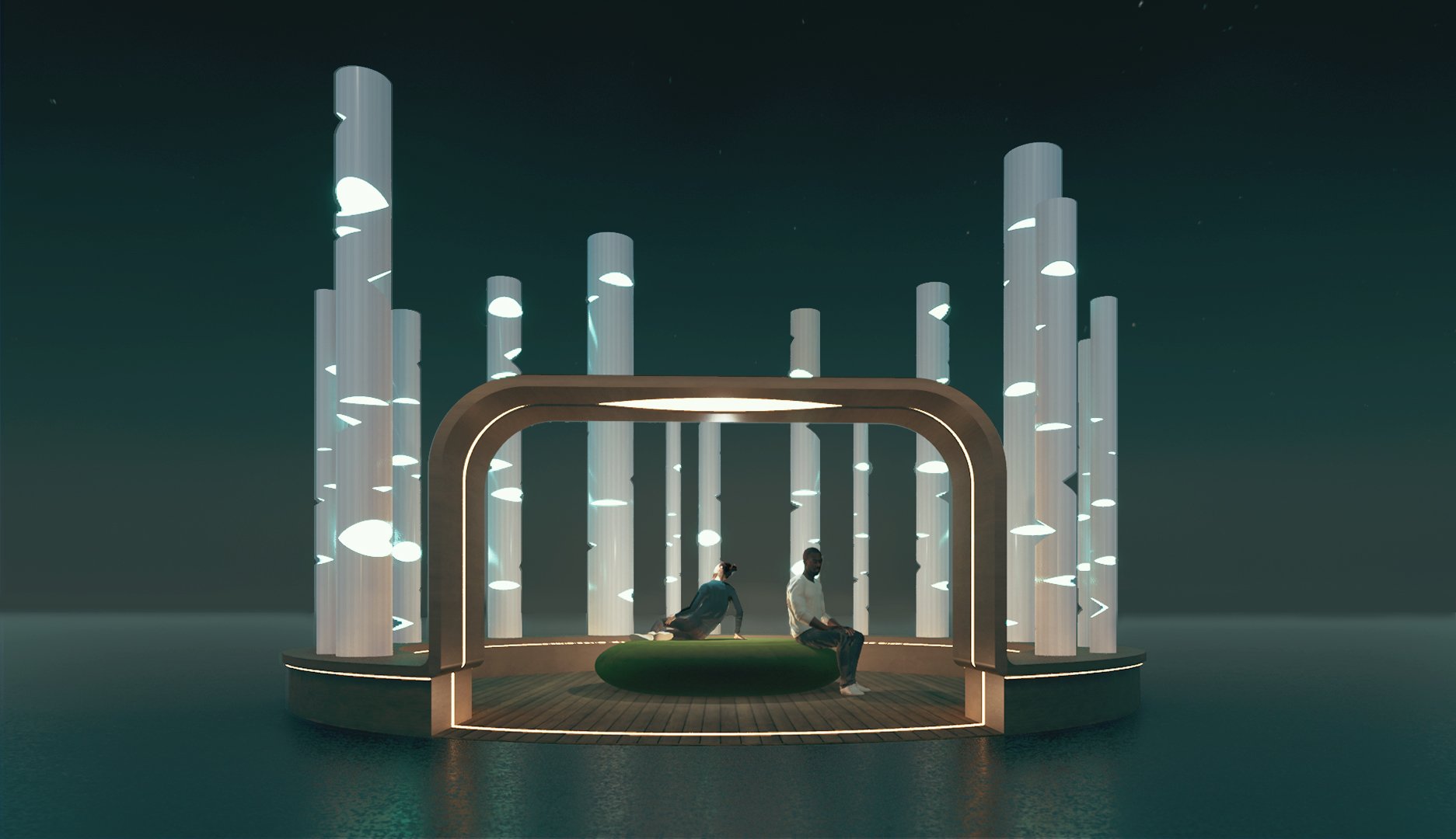 A digital rendering of a futuristic, circular outdoor pavilion with tall, illuminated columns and a modern archway, featuring two people practicing yoga or meditation on a green platform at night.