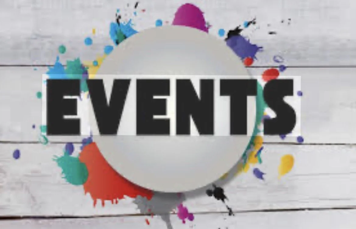 The word 'Events' in bold black letters on a white circle, with colorful paint splashes around it on a white wooden background.
